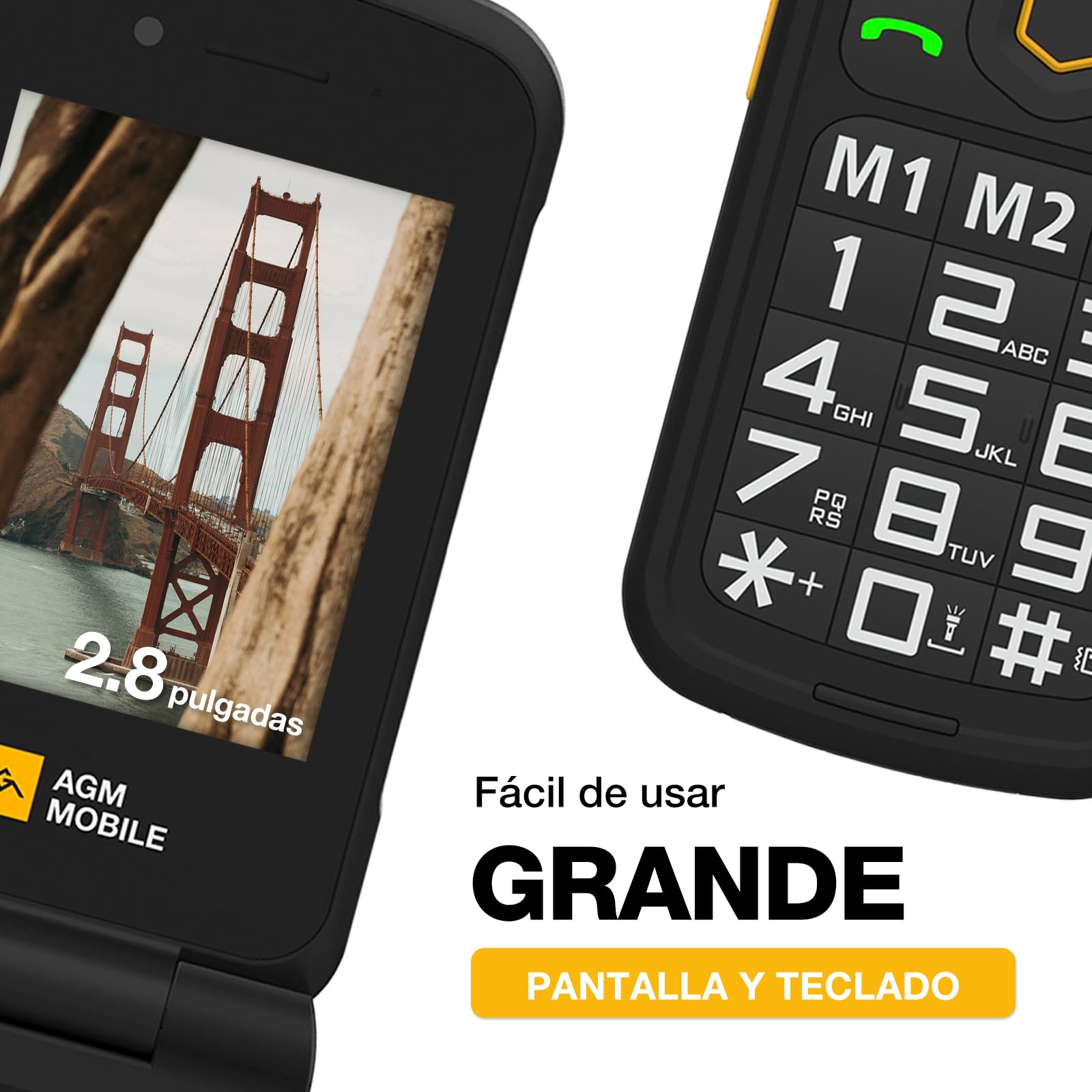 AGM M8 Teléfono móvil de Tapa para Mayores, Botones y Teclas Grandes, IP68/69K Impermeable, Base de Carga, Compatibilidad Audífonos, Pantalla 2.8",botón SOS, 104dB, 1500 mAh, 4G Dual-SIM, Negro
