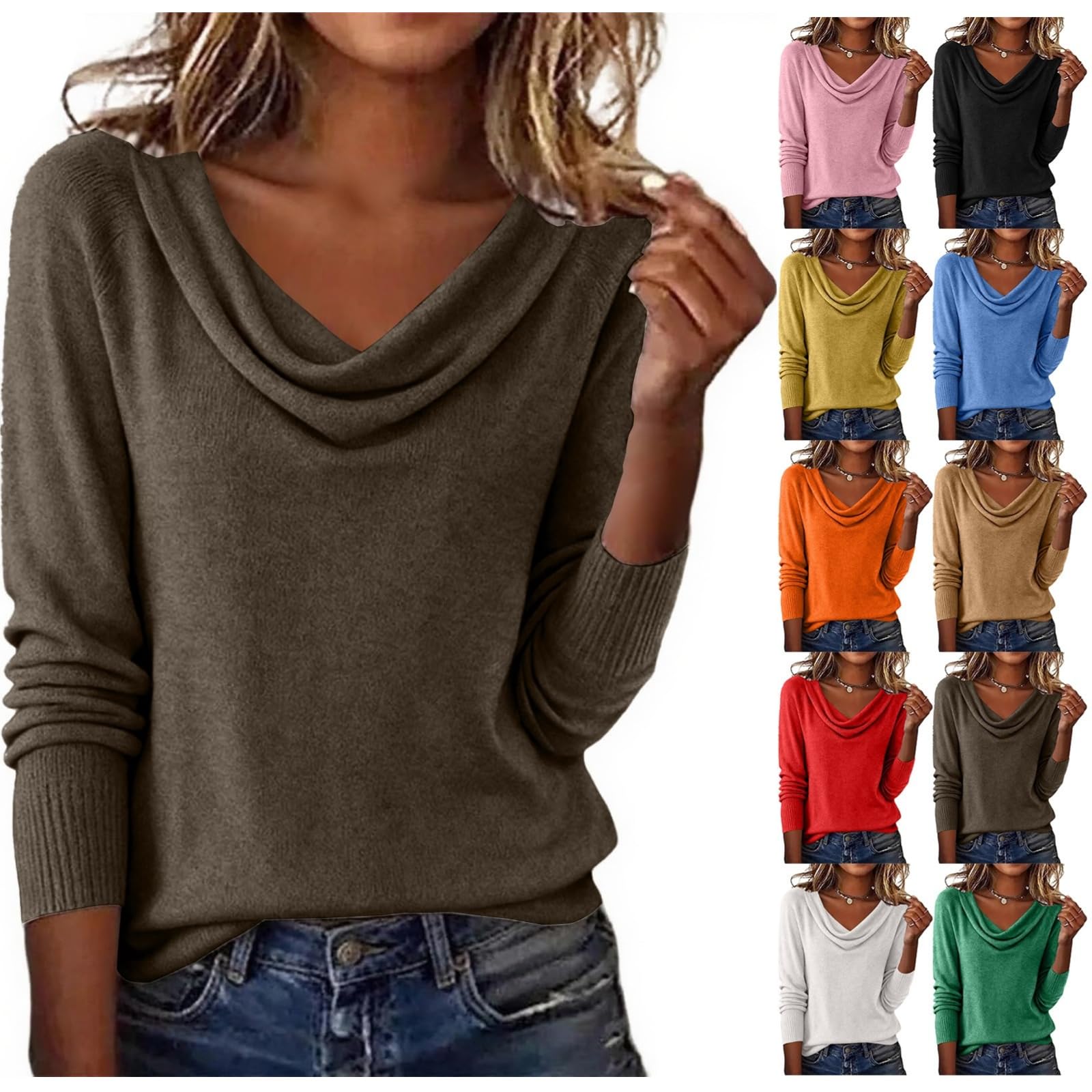 Cowl Neck Sweater for Women Long Sleeve Knit Pullover Top Cozy Casual Loose Sweaters Fall Fashion Winter Outfits