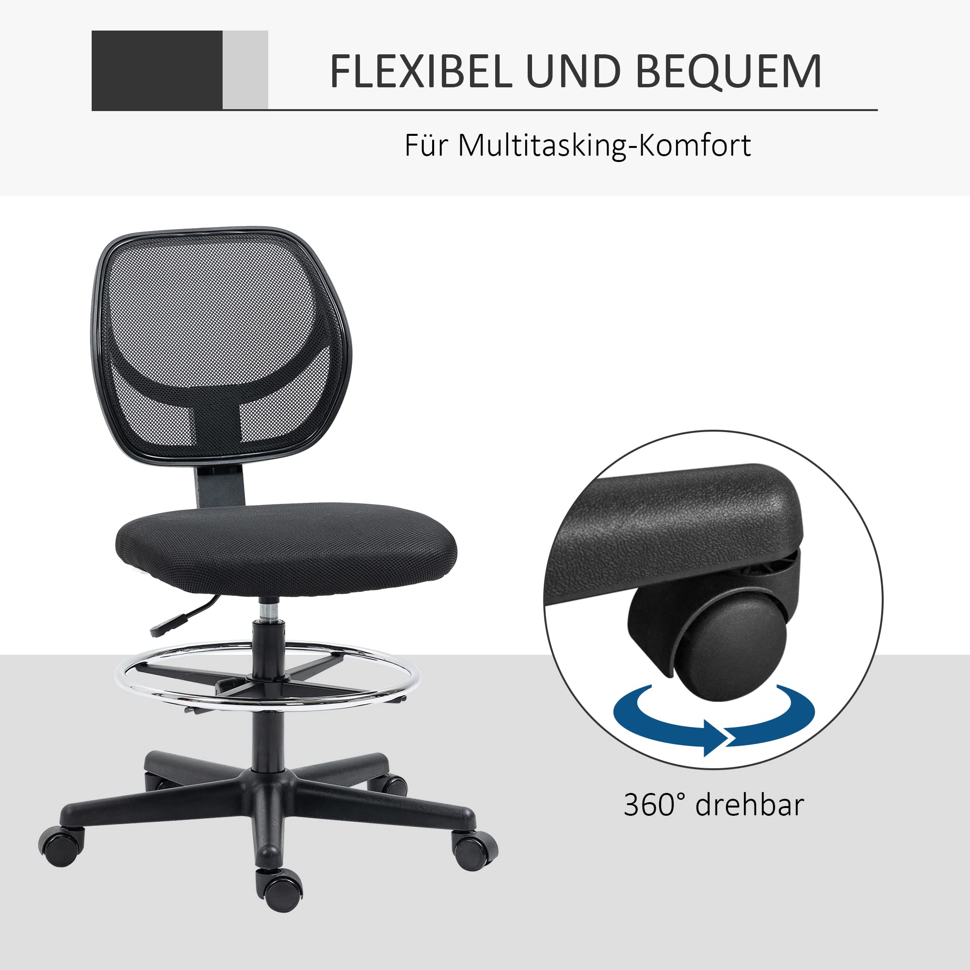 Vinsetto Bürostuhl Ergonomischer Zeichenstuhl Fußring 93-113 cm Schwarz | Verstellbarer Fußring, Höhenverstellbarer Drehstuhl, Schreibtischstuhl mit Rollen, Arbeitsstuhl