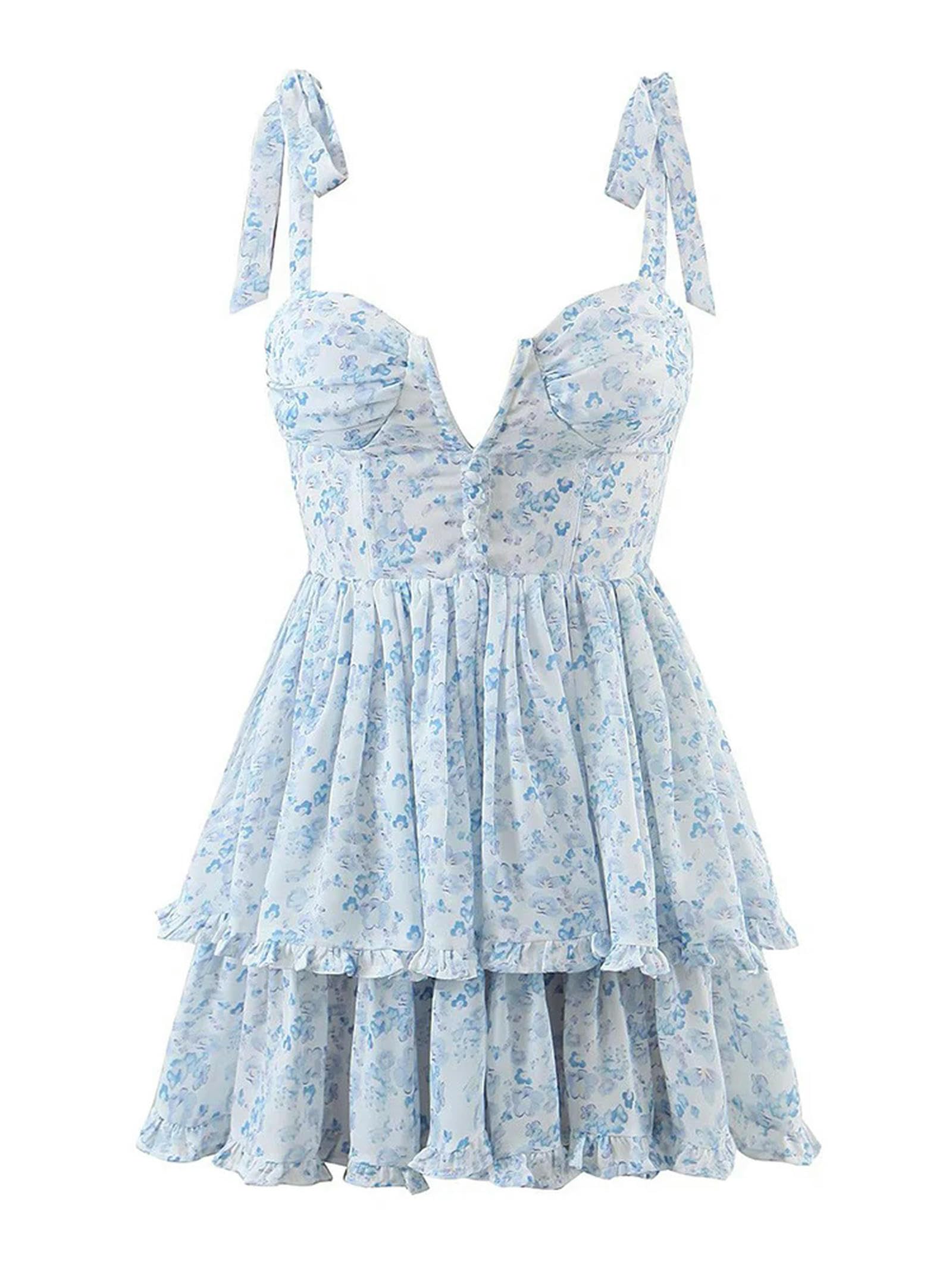 Abito da Donna alla Moda in Chiffon con Volant e Cinturino Spaghetti Abito da Festa con Stampa Floreale da Donna-Come Immagine-L