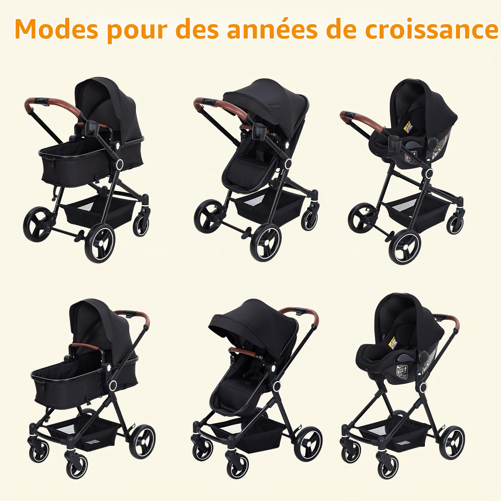 Poussette duo compacte 3-en-1 châssis léger charge 26 kg noir