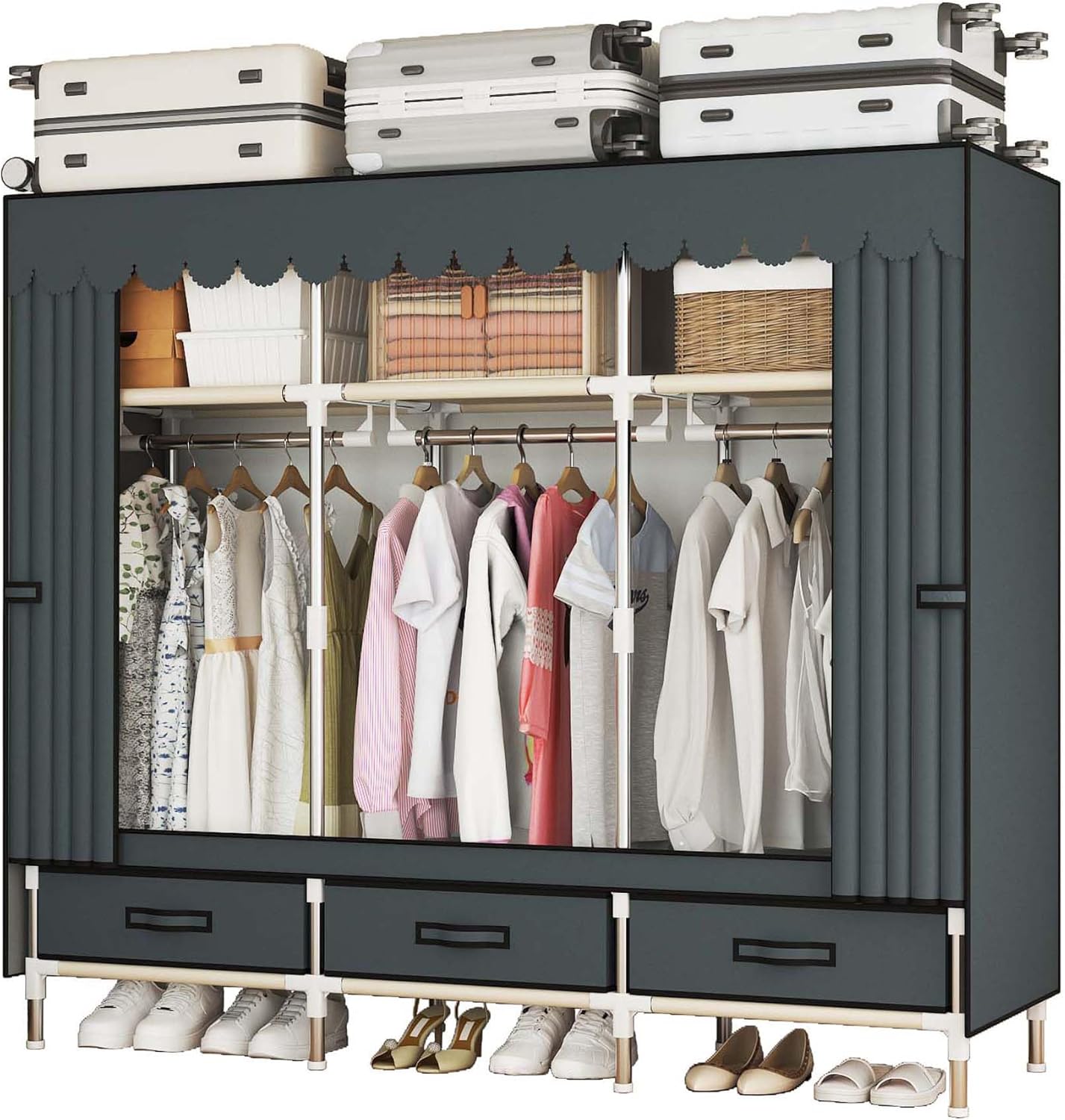 Portable Wardrobe Closet Durable and Easy to Assemble Heavy Duty Clothes Rack with Non-Woven Cover Fabric Best for Bedroom and Easy Storage and Organization (Grey-A)