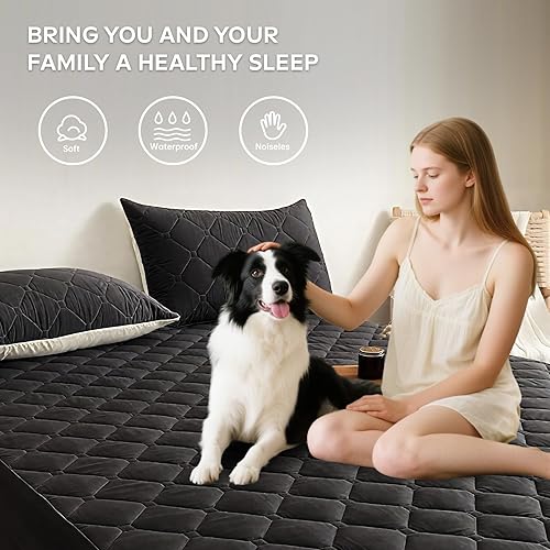 Miniatura 5 de Protector de colchón impermeable tamaño matrimonial, funda de colchón acolchada con bolsillos profundos elásticos de 17 pulgadas, a prueba de fugas,