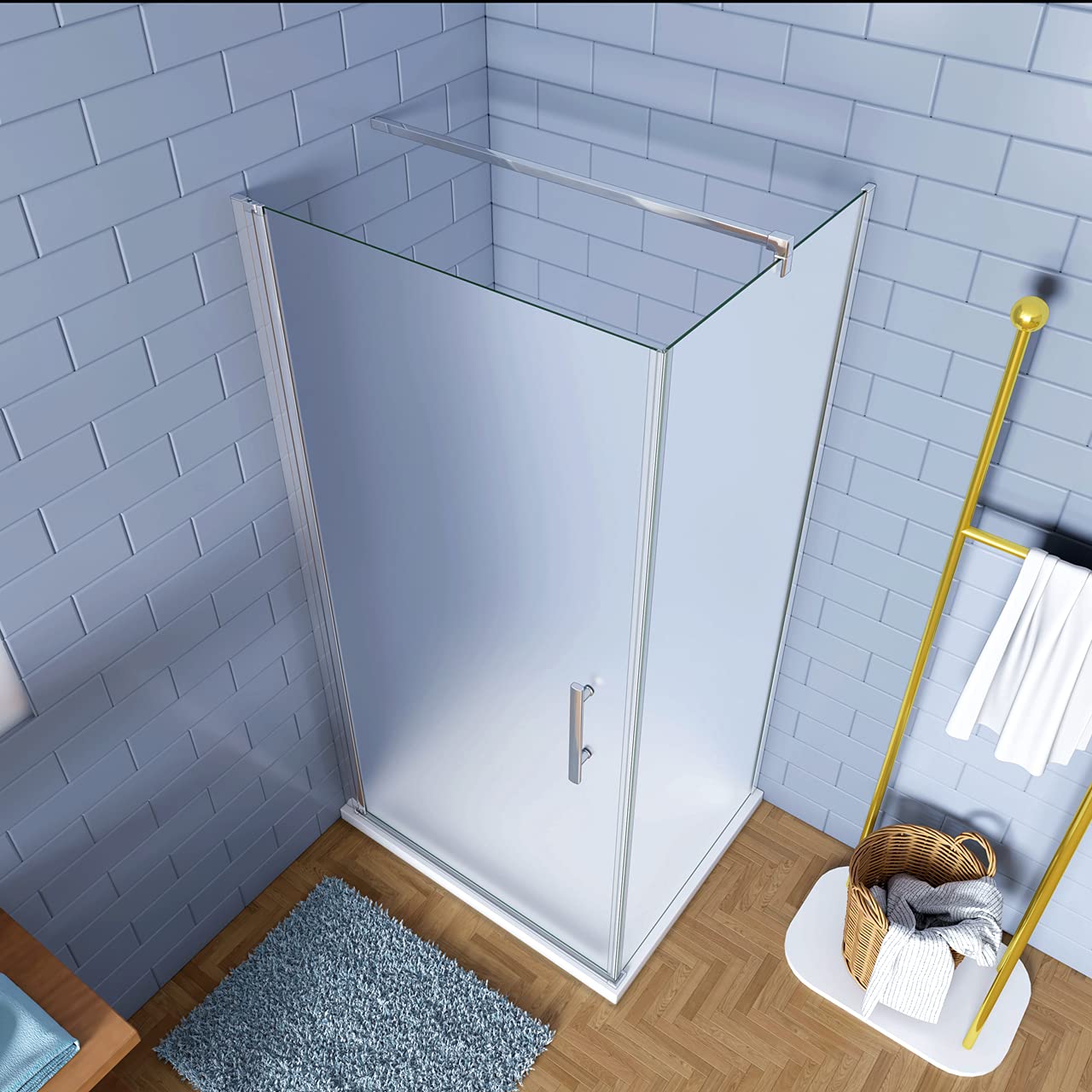 195cm Box Doccia Angolare Porta Battente 70x70cm vetro Satinato Barra 90cm | Parete Doccia Anticalcare, Vetro Temperato, Satinato Opaco, Barra Stabilizzatrice, montaggio irreversibile