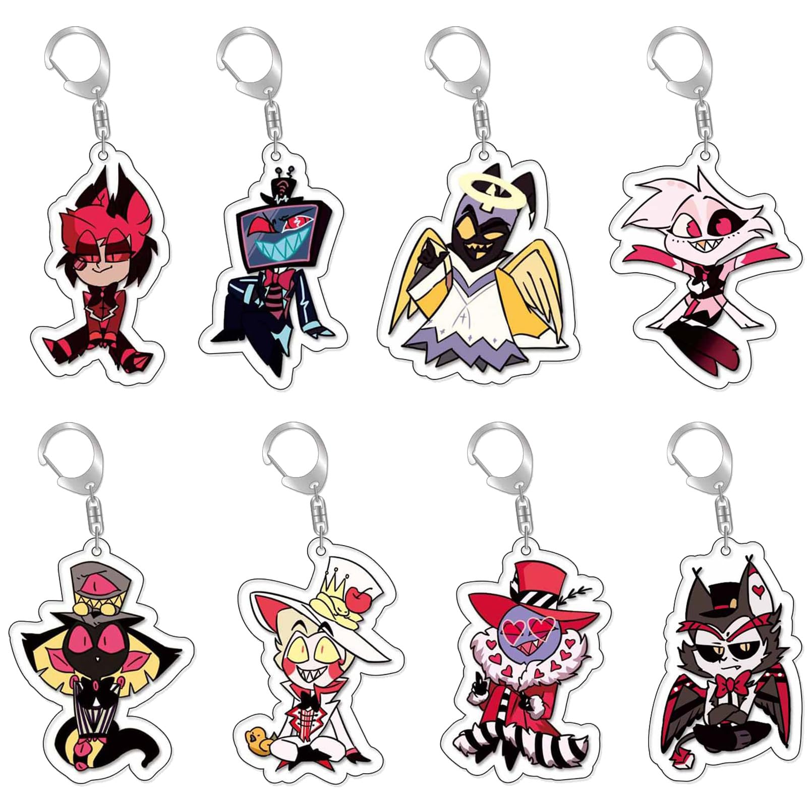 PYTRARTY Hazbin Hotel Anime Key Chain, Alastor and Angel Dust, 8-Pack Acrylic Pendant Keyrings, Unisex Kids & Adults, Red