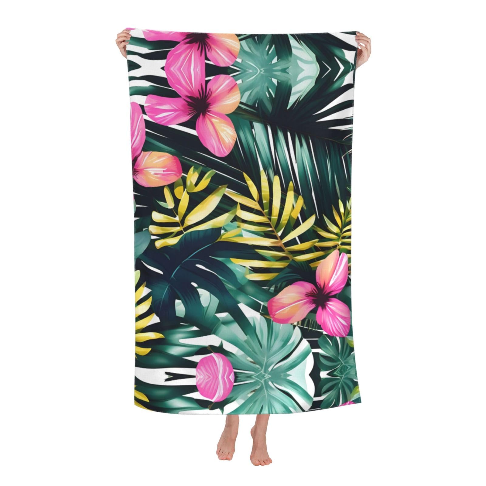 NImongt Tropical Summer Hawaiian Flower Palm Leaves Print Oversized Adult Beach Towel For Travel Weekend Getaways Festivals Camping Trips