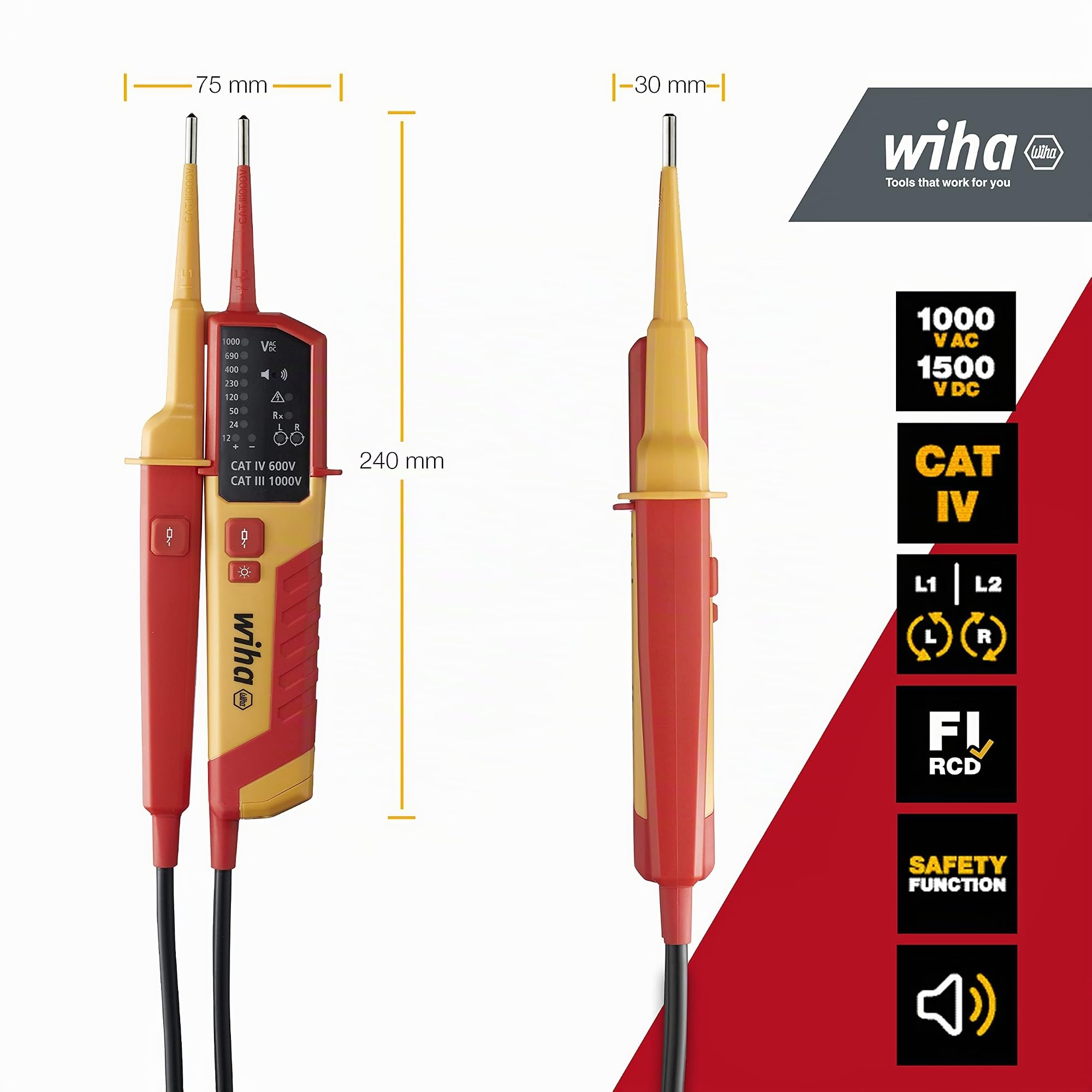 Wiha Tester di tensione e continuità 1500 V, CAT IV con 2 batterie AAA, indicatore LED, test con una sola mano (45216), rosso/giallo | (45216) CAT IV incl. 2 batterie AAA I display LED I tester di tensione bipolare I strumento di misura elettrotecnico