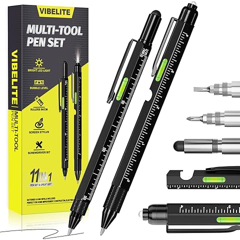 VIBELITE 11 in 1 Multitool Pen Set with LED, Stylus, Level, Screwdriver, Flathead, Stocking Stuffers for Men, Teen Boys, Gadgets for Dad, Christmas Gifts for Men, Him, Husband, Father, Black, 2 Pack