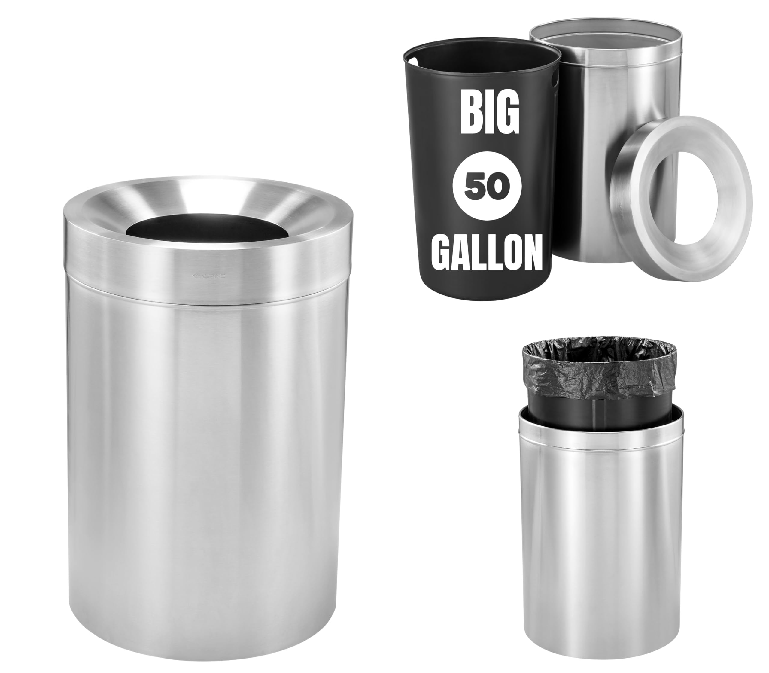 Alpine Commercial Stainless Steel Trash Can Open Top 50-Gallon Heavy-Duty Garbage Can Modern Round Large Waste Receptacle for