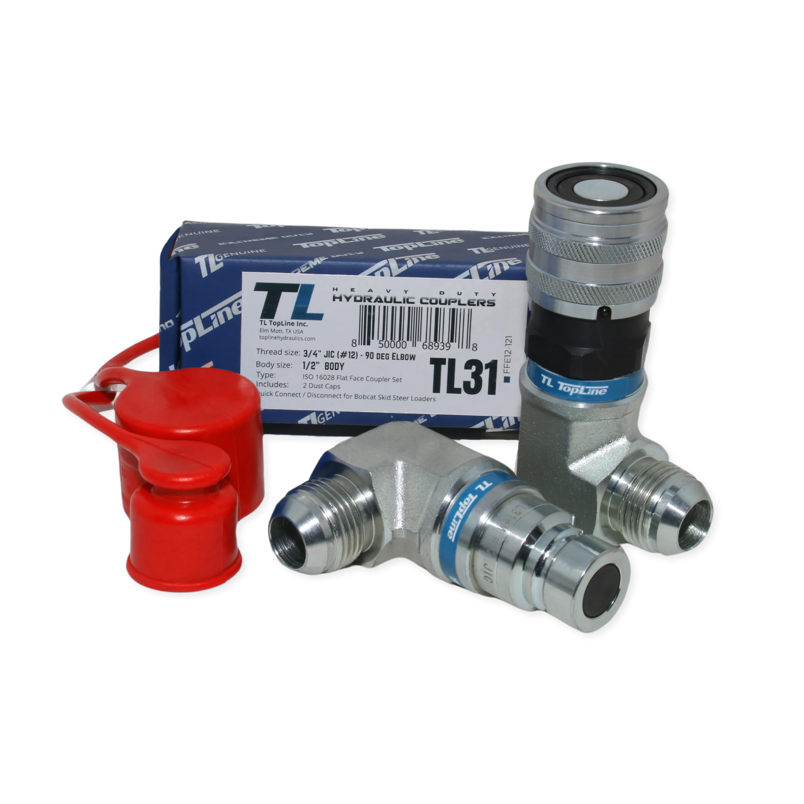 TL31 3/4″ JIC Male Thread Flat Face Hydraulic Quick Connect Coupler Set 1/2" Body 90 Deg. Elbow Bobcat Skid Steer