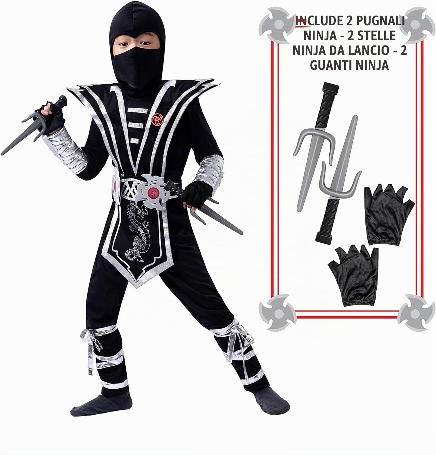 Spooktacular Creations 9 Pezzi Set Costume Ninja Bambino Ninja Abbigliamento Vestiti da Festa di Halloween (Bambino) (Small, black)