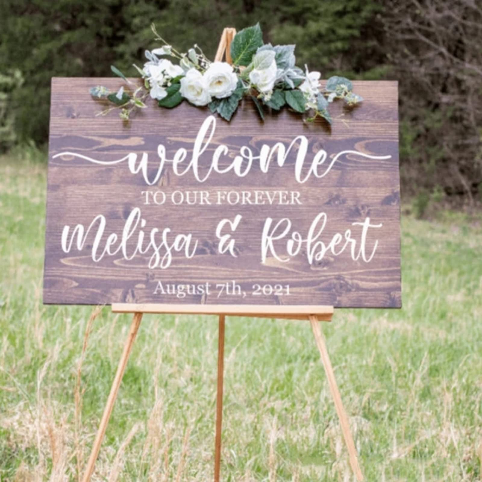 jifu Adhesivo de vinilo con diseño de espejo de bienvenida para boda, con nombres y fechas, decoración de boda, letrero de boda, mural de vinilo (94 x 57 cm)