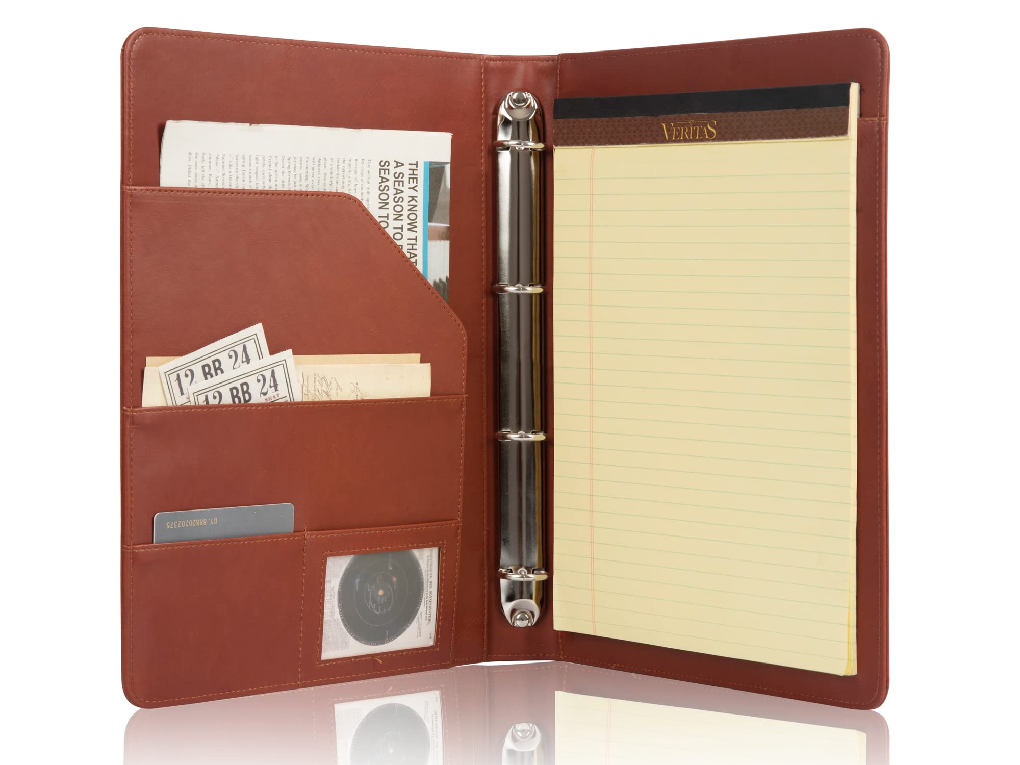 Calfinder Padfolio Binder with Zipper, PU Leather Conference Folder, 4 Ring Binder Portfolio Organizer, Business Planner Folder with A4 Writing Pad, Thin Writing Case, Gift for Women/Men, Brown