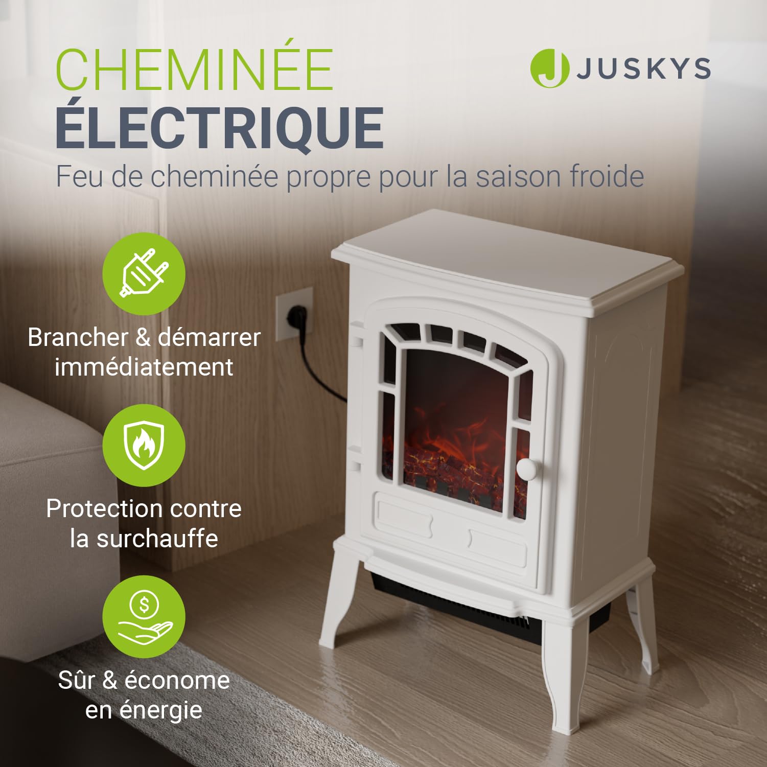 Juskys Cheminée électrique 2000 W – Blanc, cheminée autoportante avec Effet de Flamme, 2 Niveaux de Chauffage, Thermostat et arrêt de sécurité pour Le Salon