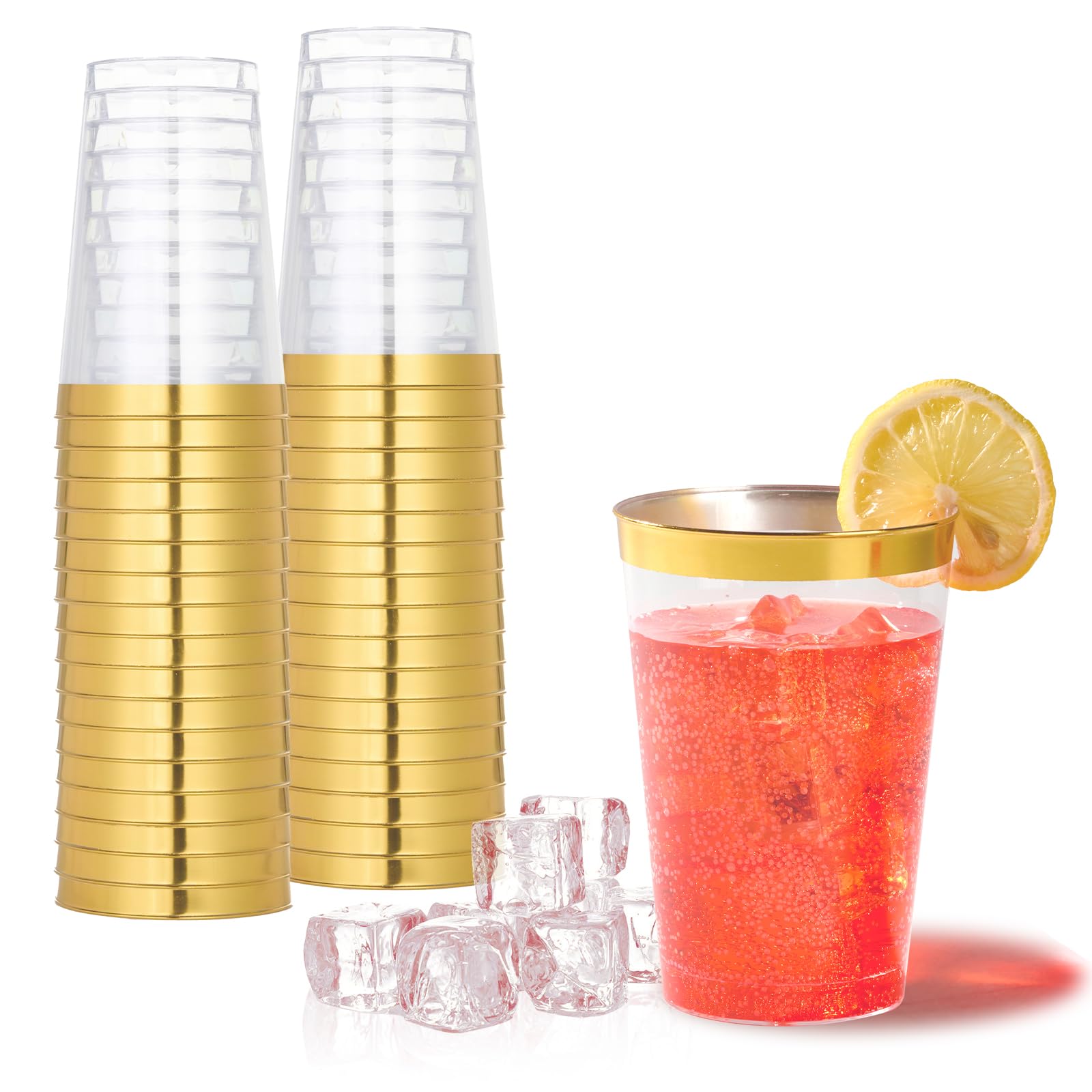 POPOPUL 100 Pack 12 oz Gold Rimmed Heavy-Duty Clear Plastic Cups - Disposable Party Cups for Weddings & Holiday Events
