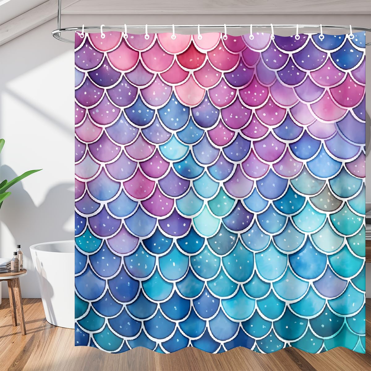 Mexpekil Shower Curtain 72"x72", Rainbow Mermaid Scales Bathroom Curtain with 12 Hooks, Mould Proof Waterproof Washable Fabric Bathtub Curtains, 183 x 183 cm