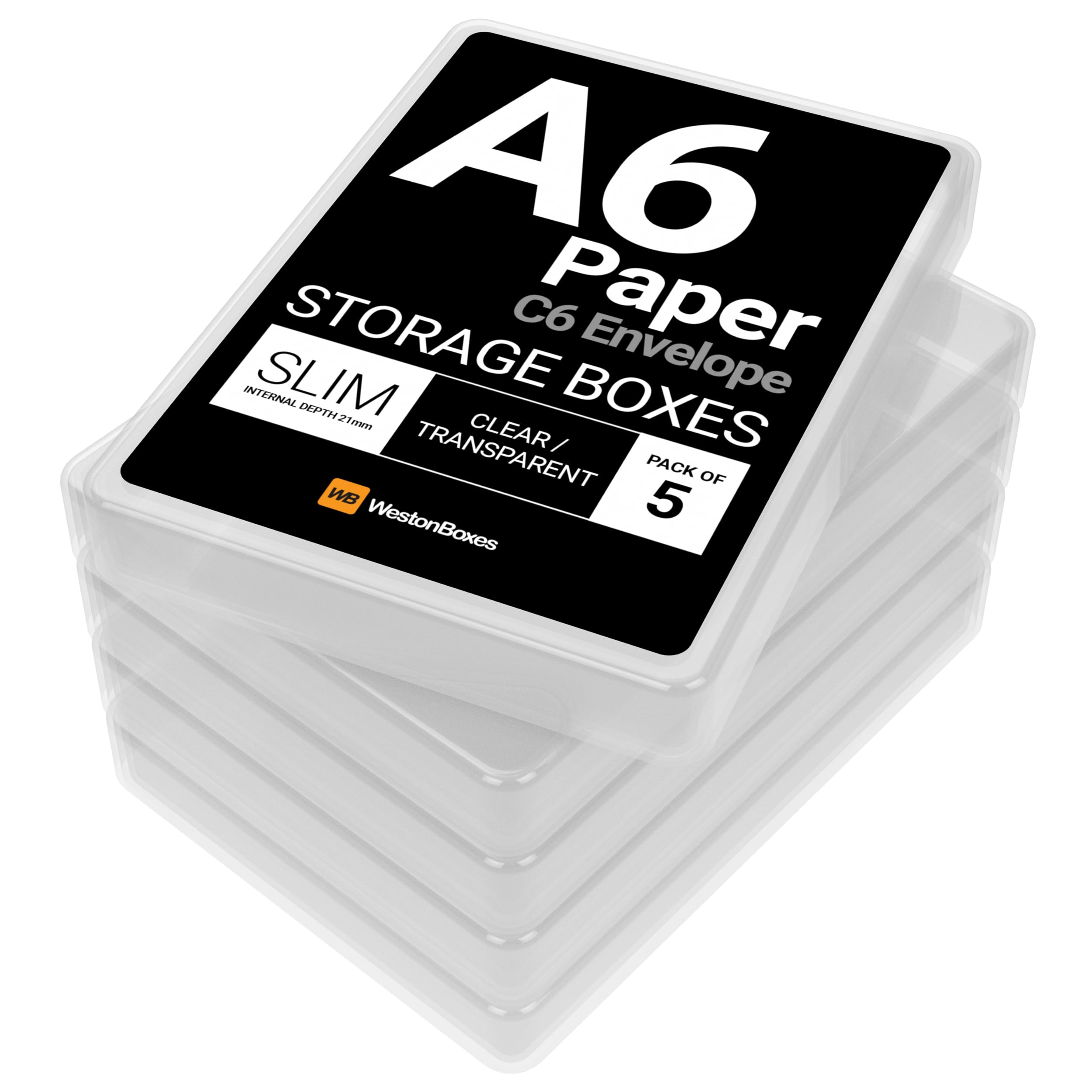 WestonBoxes A6 Slim Plastic Presentation or Storage Boxes for A6 Paper, Photos and Card (Transparent, 5)