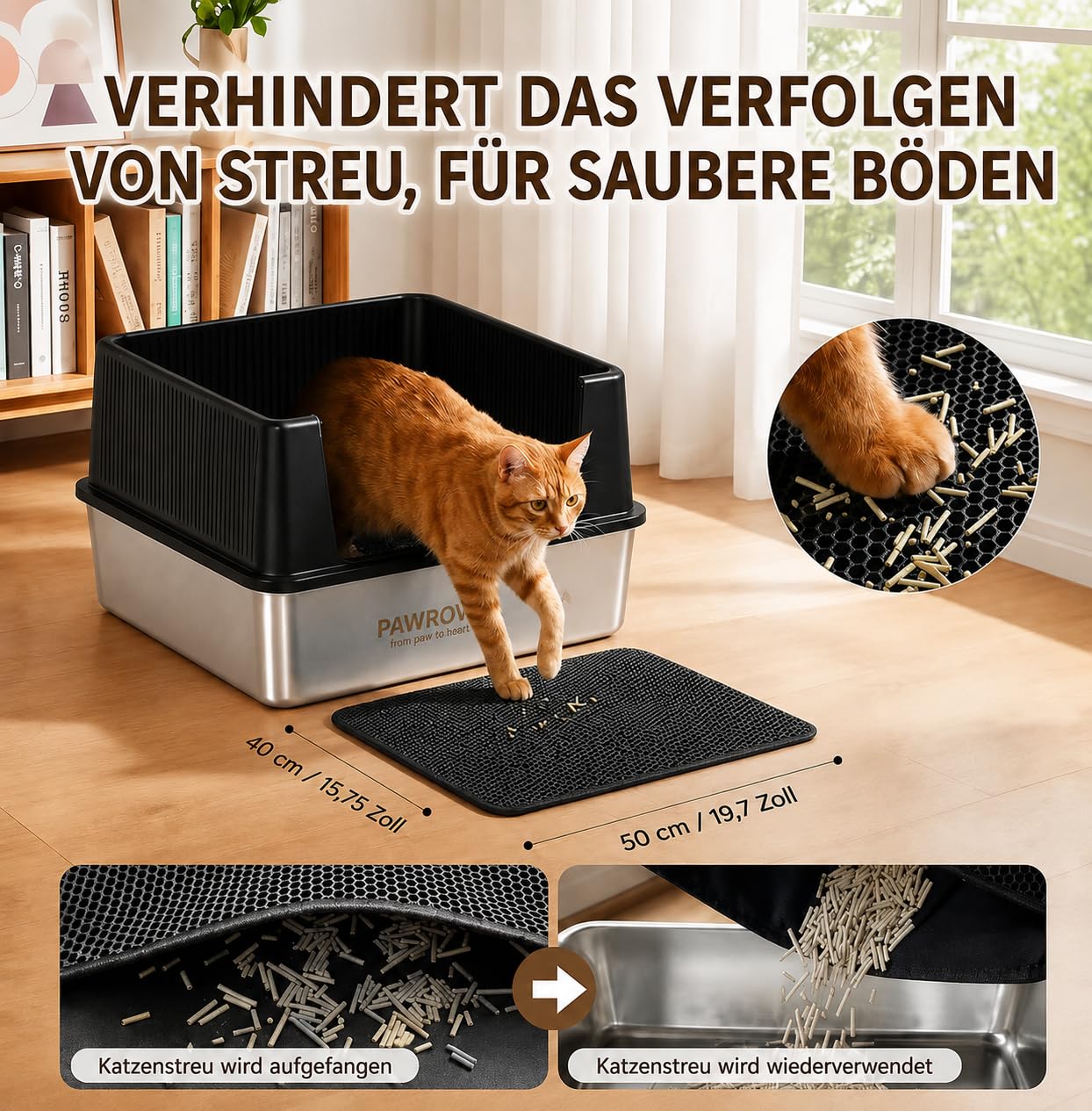 Katzenklo aus V2A Edelstahl, XL Katzentoilette mit hohen Seiten