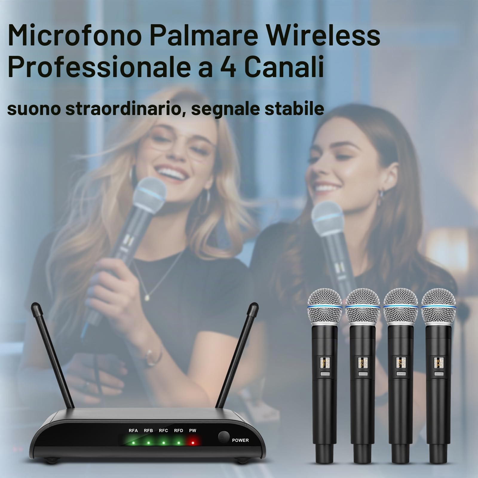 Microfoni wireless per karaoke Depusheng R4-Pro, sistema professionale a 4 canali con microfono palmare, microfono dinamico in metallo per karaoke, chiesa, karaoke a casa, riunioni, feste