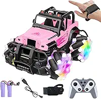 Carro de Controle Remoto Off-road Rosa 4x4, Controle 2.4GHz e Gestos, 2 Motores com bateria recarregável, Luzes LED, Presente para crianças a partir de 3 anos