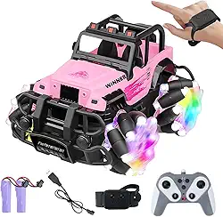 Carro de Controle Remoto Off-road Rosa 4x4, Controle 2.4GHz e Gestos, 2 Motores com bateria recarregável, Luzes LED, Presente para crianças a partir de 3 anos