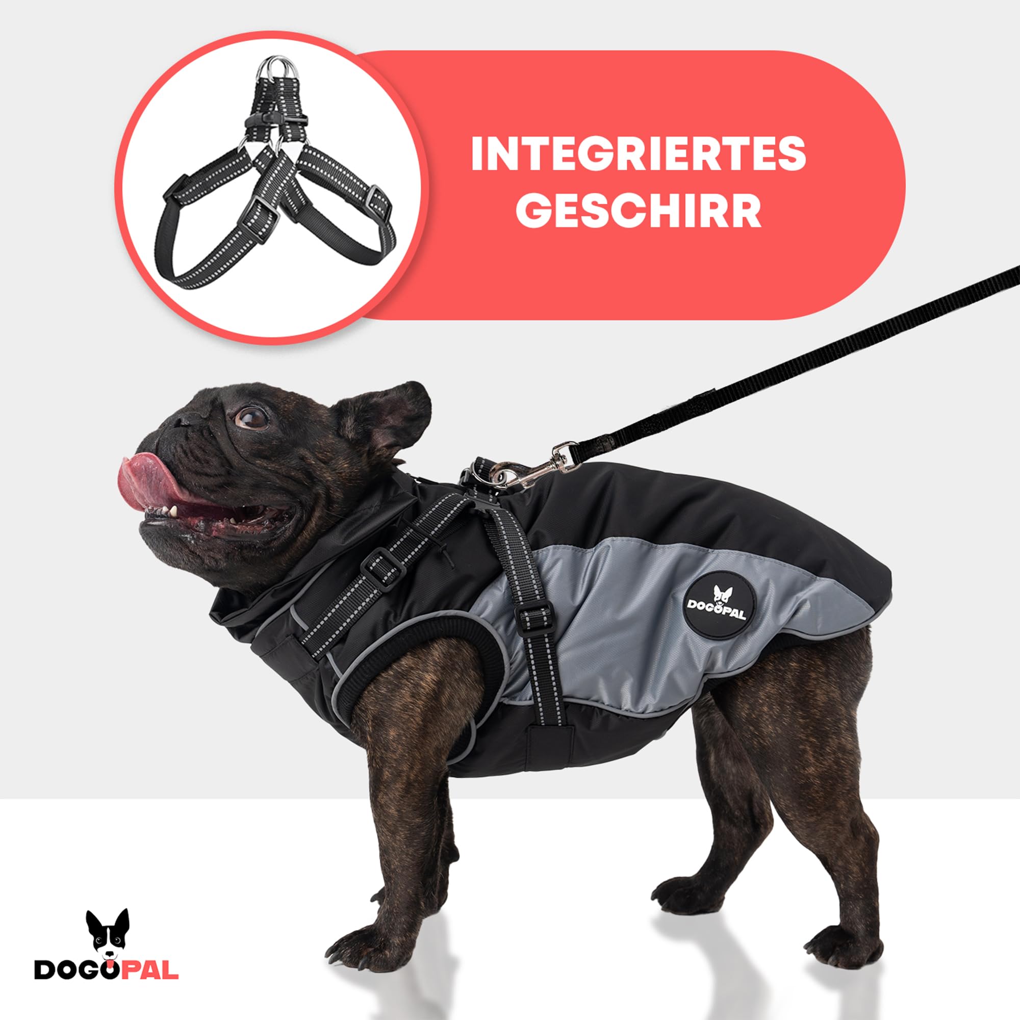 DOGOPAL Regenmantel Hund mit Integriertem Geschirr – Wasserdichter Hunderegenmantel, Winddichter Hundemantel, Reflektierende Regenjacke für Kleine & Große Hunde, Hohe Sichtbarkeit (Grau, 40)