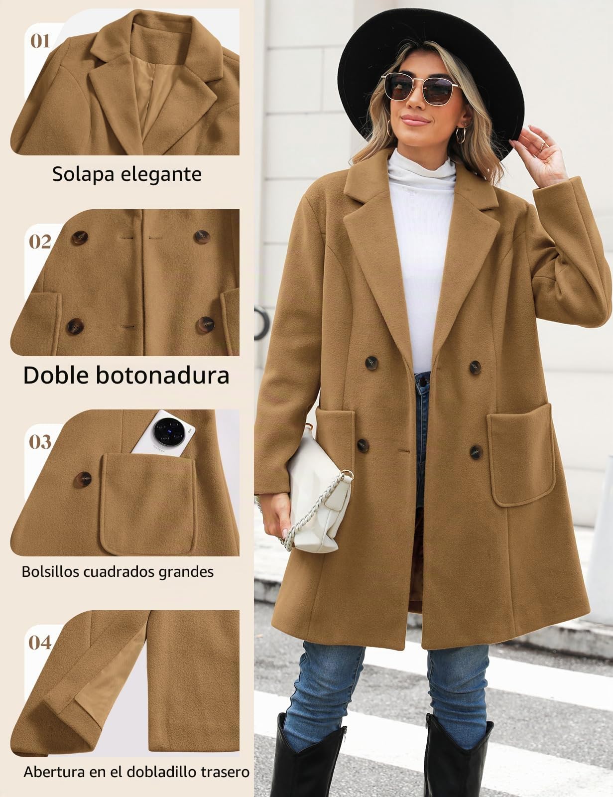 Yuson Abrigo Mujer Invierno Doble Botonadura Mezcla de Lana Grueso CáLido Cuello de Solapa Longitud Media