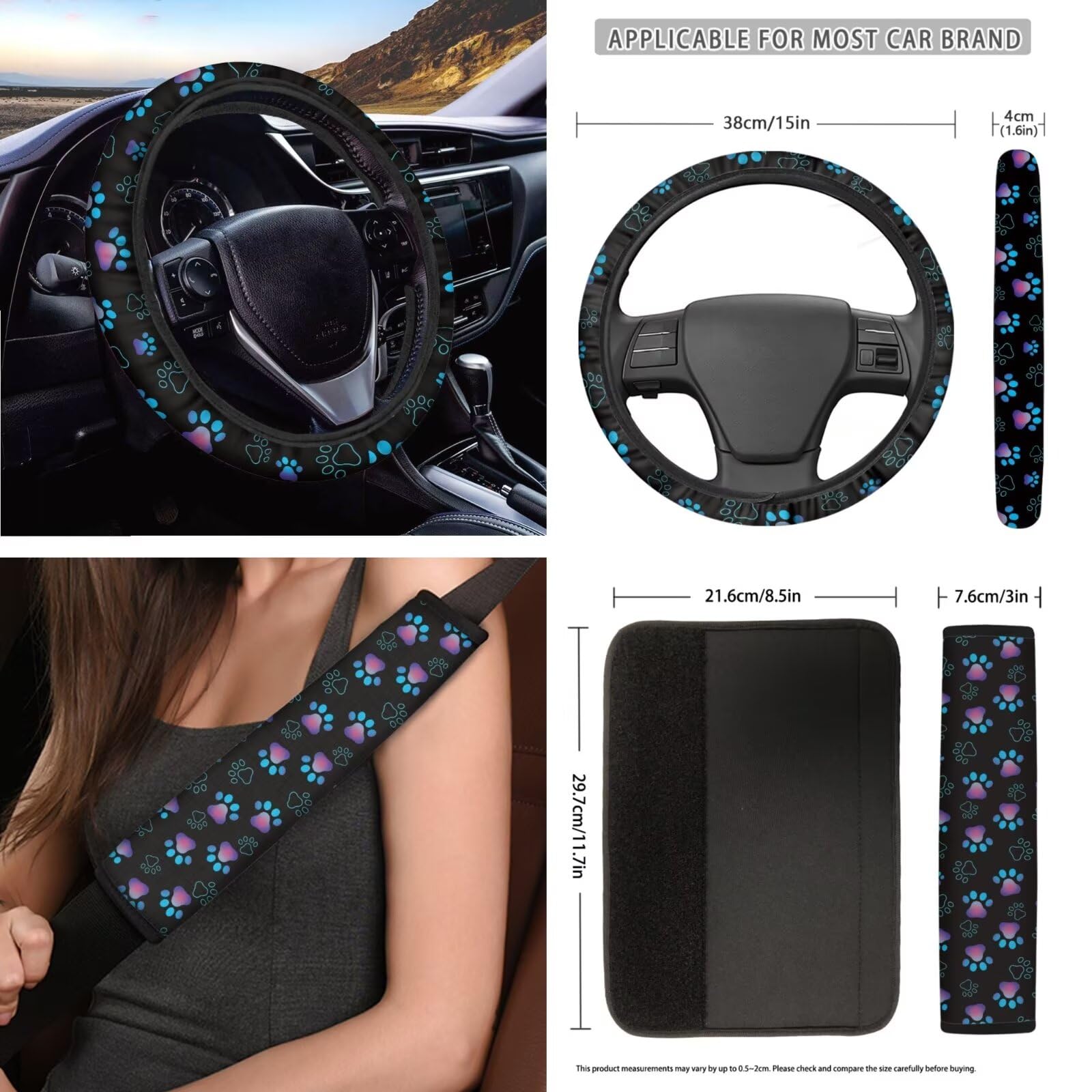 JOAIFO 3 Pieces Paw Print Car Steering Wheel Cover and Seat Belt Shoulder Pads Washable Decor Protector, Easy to Install