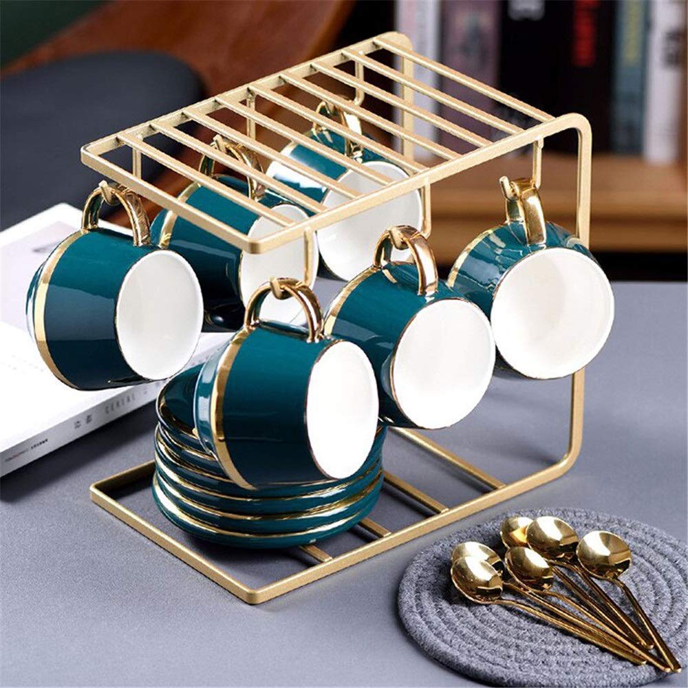 IXOAKQ Afternoon Tea Sets, 13 Pieces Gold Trim Nordic Style for Party and Dinner Glazed Porcelain Coffee and Tea Service with 6 Piece Cups and Bracket (Green)