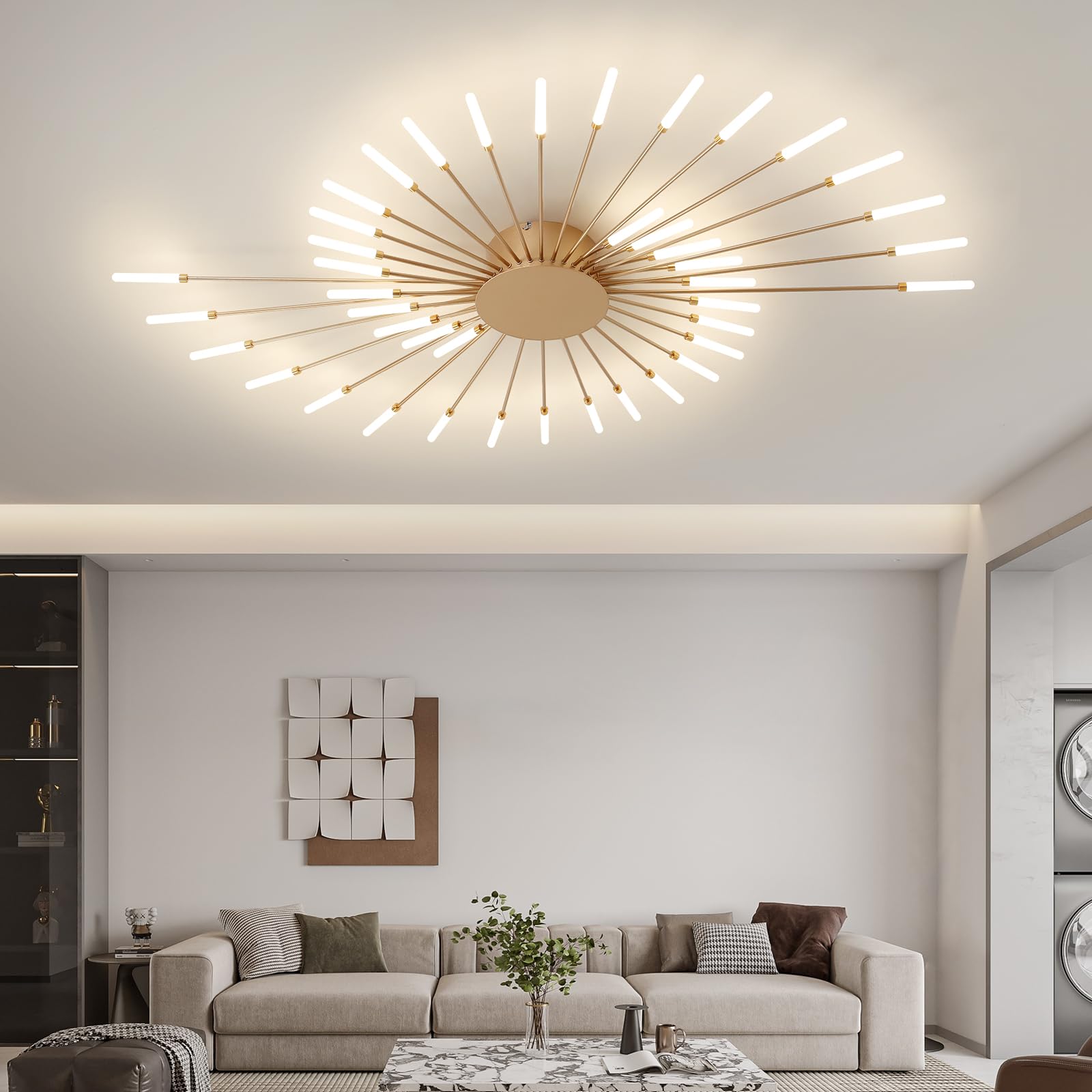 ziidoo Modern Ceiling Light, 42 Lights Metal Firework Designed Chic Led Lighting Fixture for Farmhouse Kitchen Dining Room Bedroom Hallway Living Room (Gold and Dark Gold)