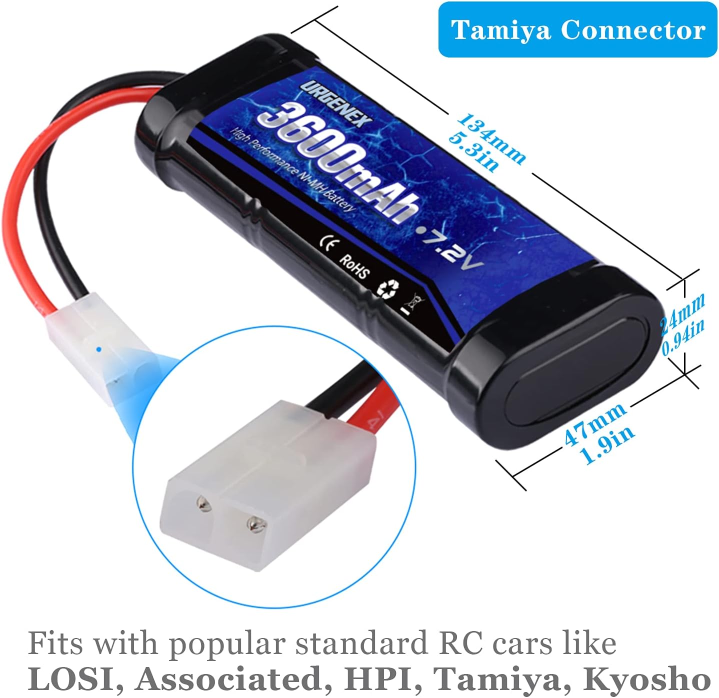 URGENEX 7.2V RC Battery 3600mAh RC NiMH Battery with Tamiya Connector for RC Car RC Truck RC Traxas Boat Associated HPI Losi Kyosho Tamiya Hobby 2 Pack : Toys & Games