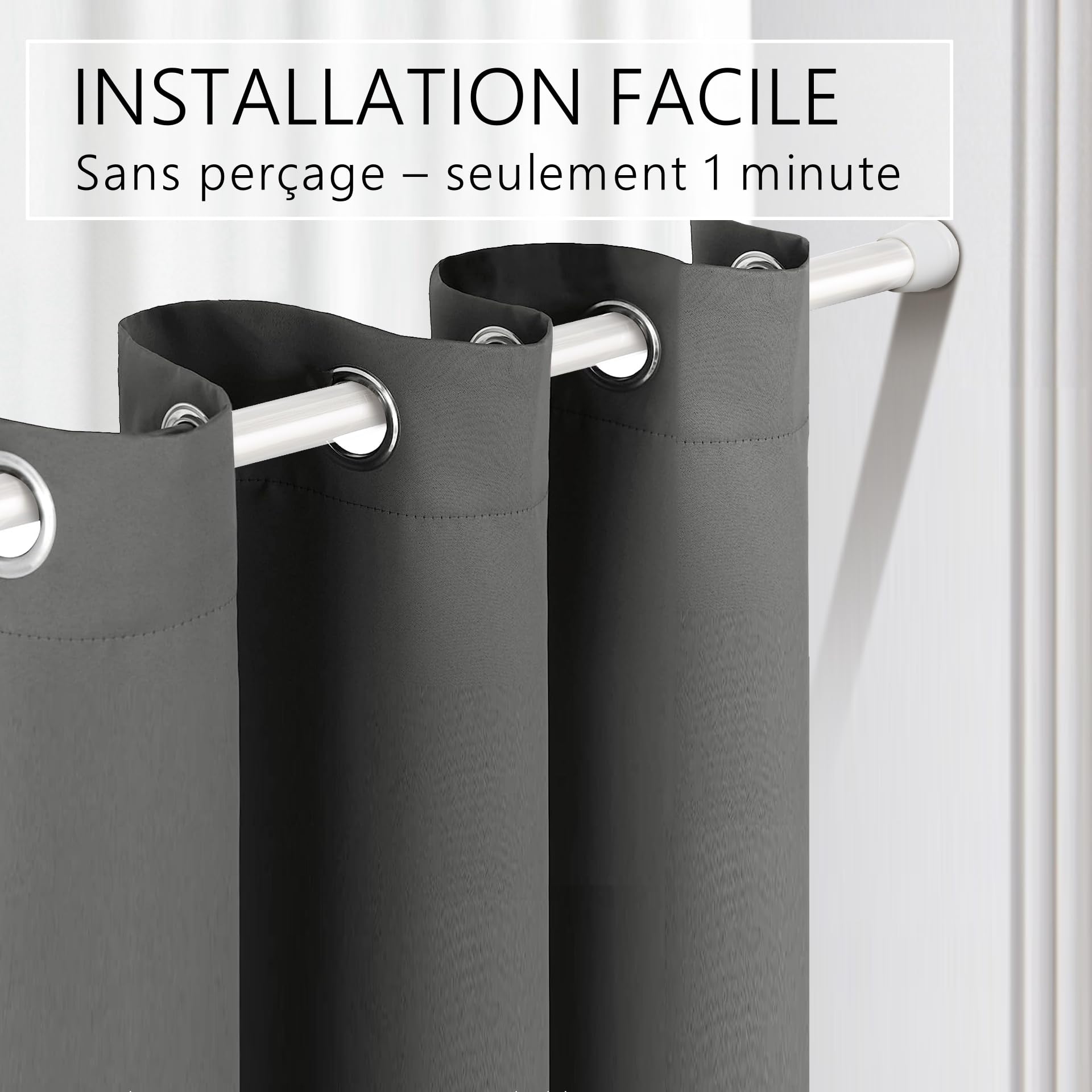 Rideau de porte avec tringle télescopique, montage facile en seulement 1 minute sans perçage (rideau de porte anthracite + barre de serrage blanche - Rideau 210 x 150 cm (H x l) + barre 70-120 cm