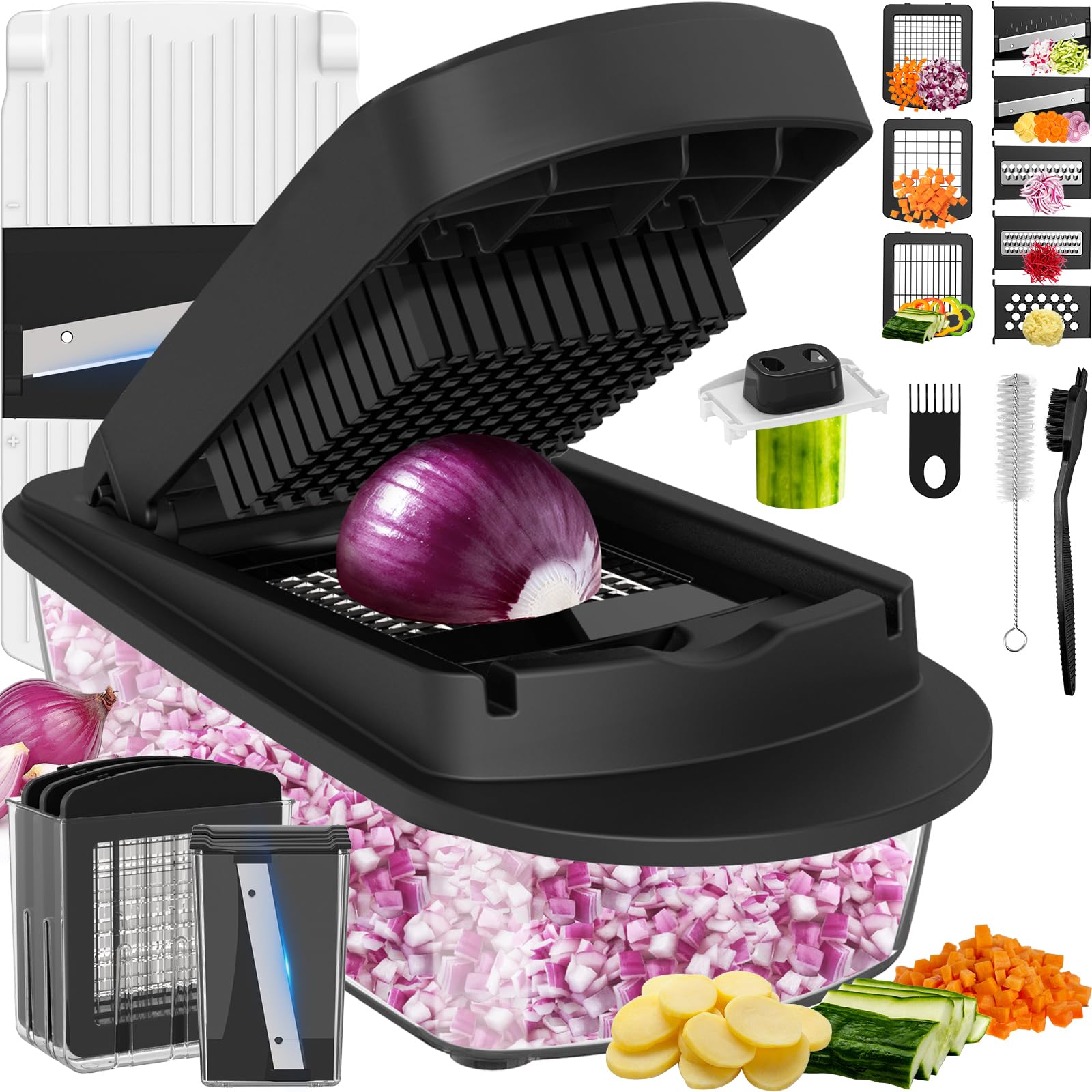 Photo 1 of 8 Blade All-in-1 Vegetable Chopper Mandoline Slicer with Container, Food Chopper, Onion Chopper, Veggie Cutter for Salad, Kitchen Gadgets Accessories Essentials, Black