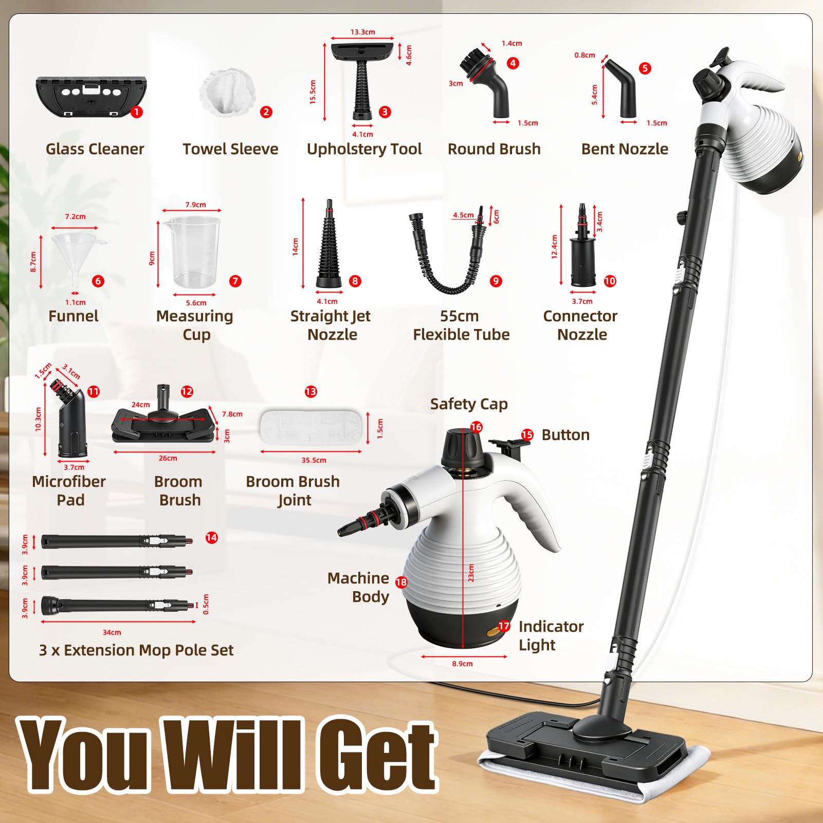 2 in 1 Pulitore a Vapore Portatile/Scopa a Vapore, 1050W Steam Cleaner 135°C Riscaldamento Rapido con 350ml Serbatoio, per Varie Superfici Come Piastrelle Divani e Cucine