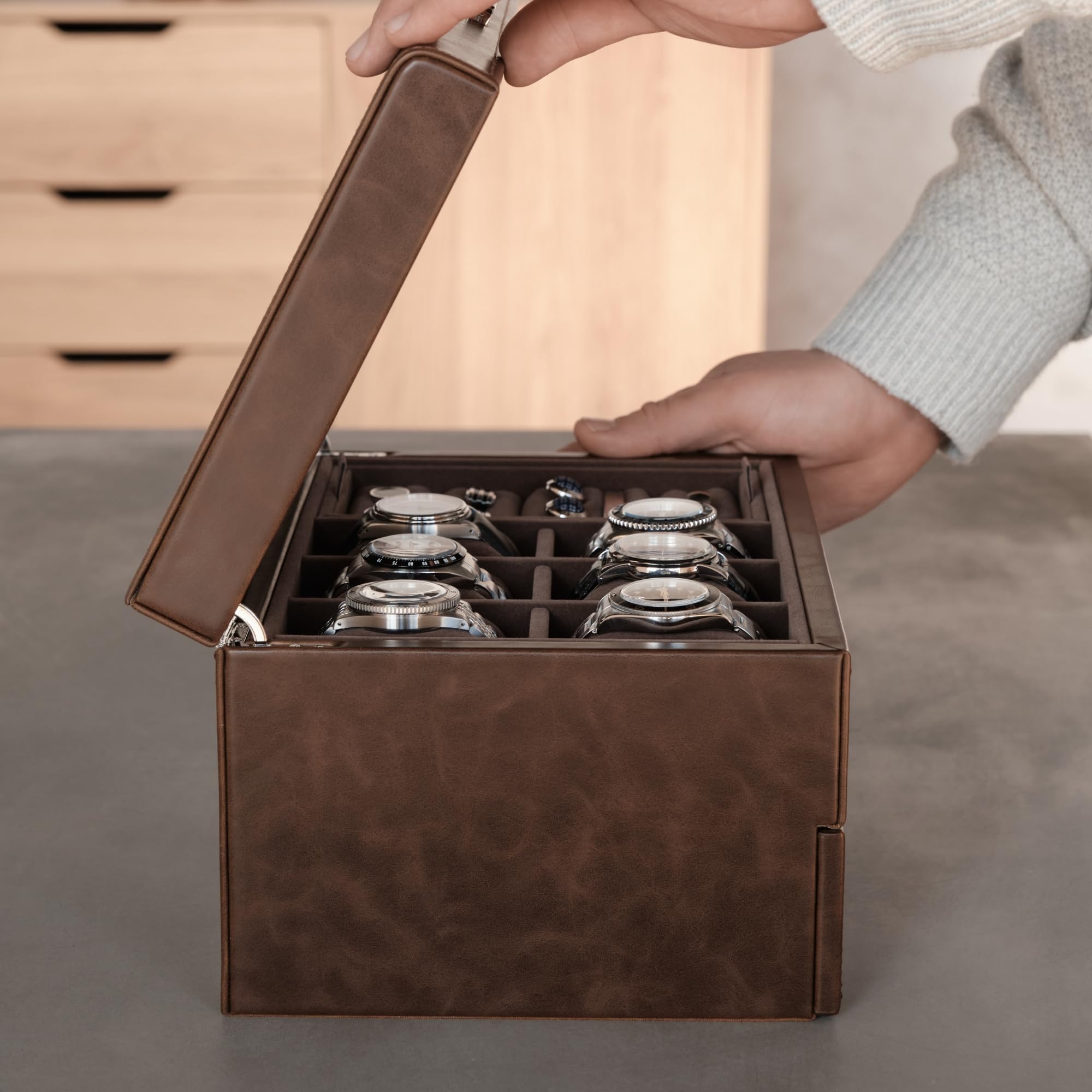 TAWBURY Estuche de Cuero Vegano para 6 Relojes y Joyería para Hombre - Organizador y Caja de Almacenamiento