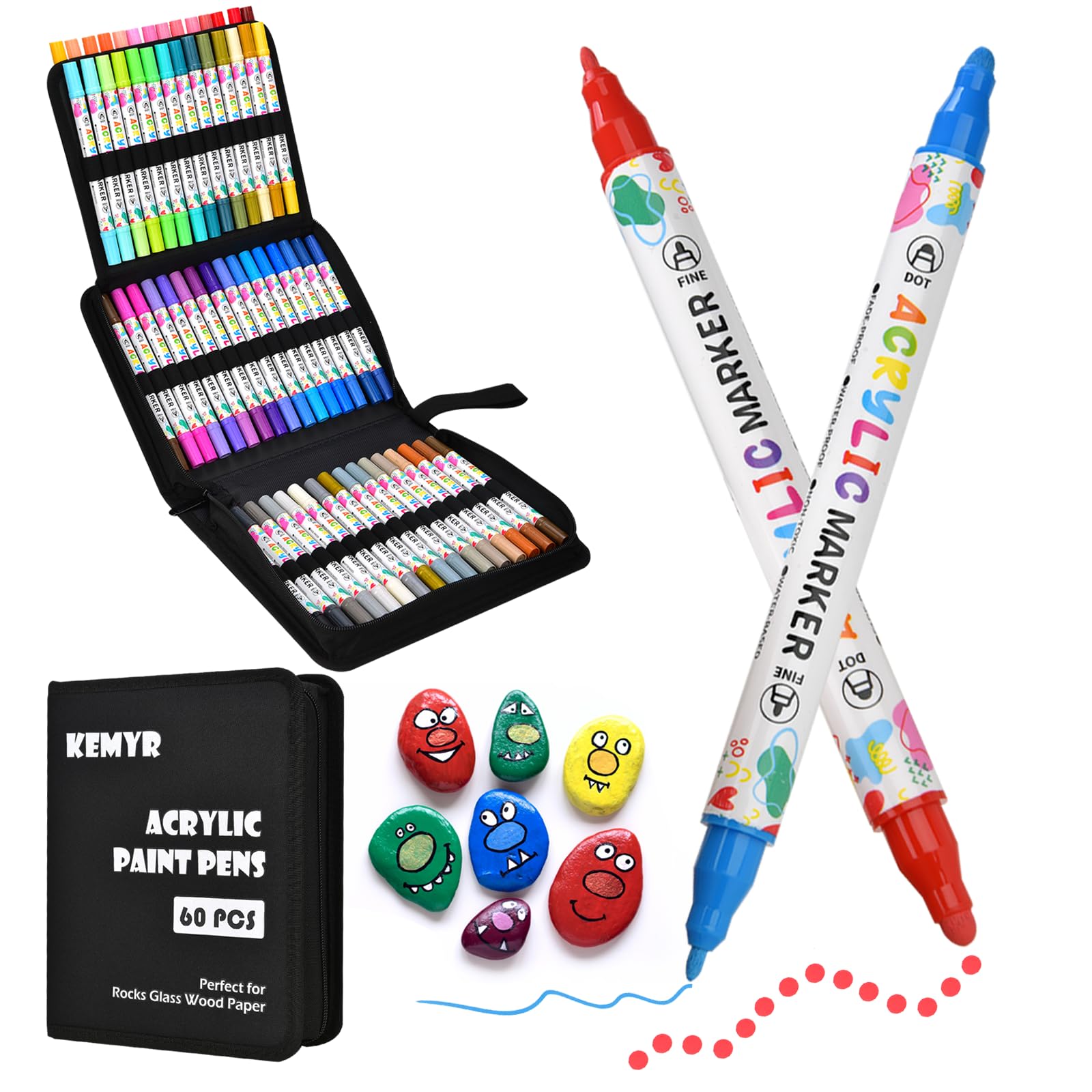 KEMYR 60 Farben Acrylstifte Set mit Doppelspitze, Acrylmarker Wasserfeste für Steine, Holz, Glas & Papier,Acrylic Paint Marker Set für Erwachsene zum Zeichnen,Acrylic Paint Pen für DIY-Bastelprojekte