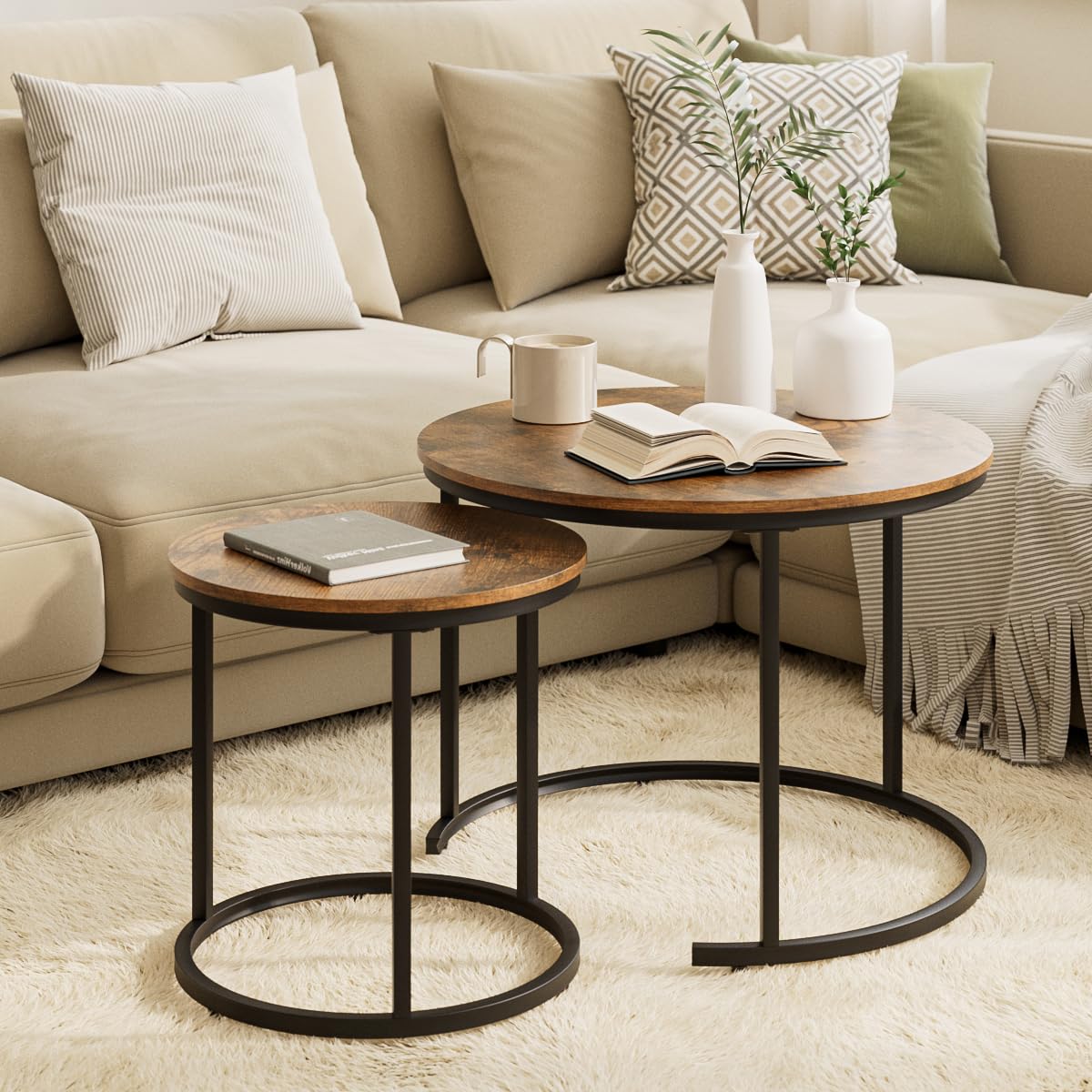 HEYZOEY Round Coffee Tables, Removable Set of 2 End Table, Nesting Tables with Black Metal Frame Legs and Marble Black Top for Living Room, Bedroom, Office, Balcony, Apartment (Rustic Brown)