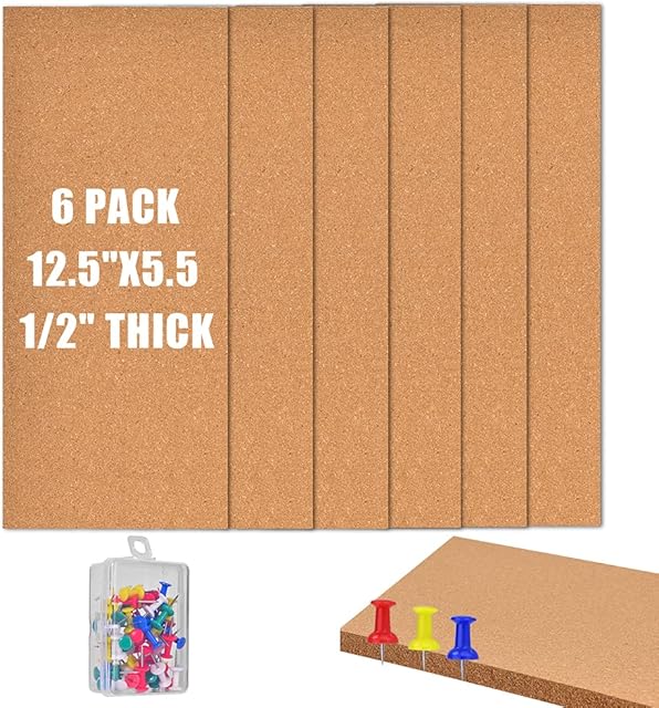 Okydoky Self-Adhesive Cork Board, 12mm Thick Cork Boards for Walls,Bulletin Board with 50 Push Pins, Cork Board Tiles for Office, Home, School (12mm Thick, 12.5x5.5in-6p)