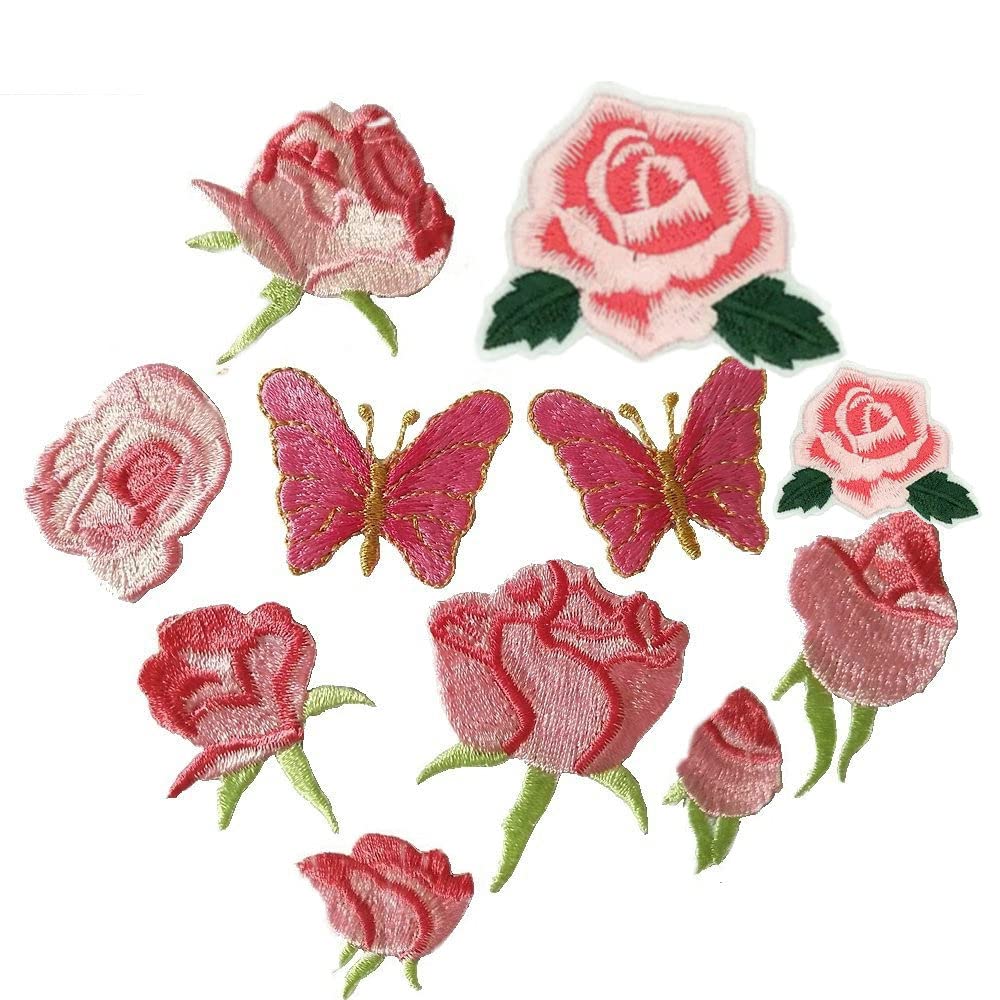 11pcs Small Rose Flower Butterfly Embroidery Iron On Patches (Pink C)