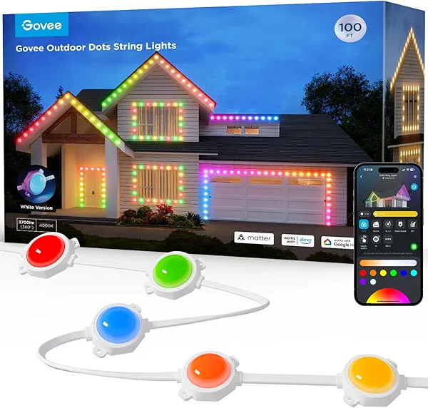 Govee Smart Outdoor LED Strip Lights, 45 RGBIC LED Lights 100FT String Lights with 65 Scene Modes, Outdoor Decoration Work with Alexa, Google, APP Control, IP65 Waterproof