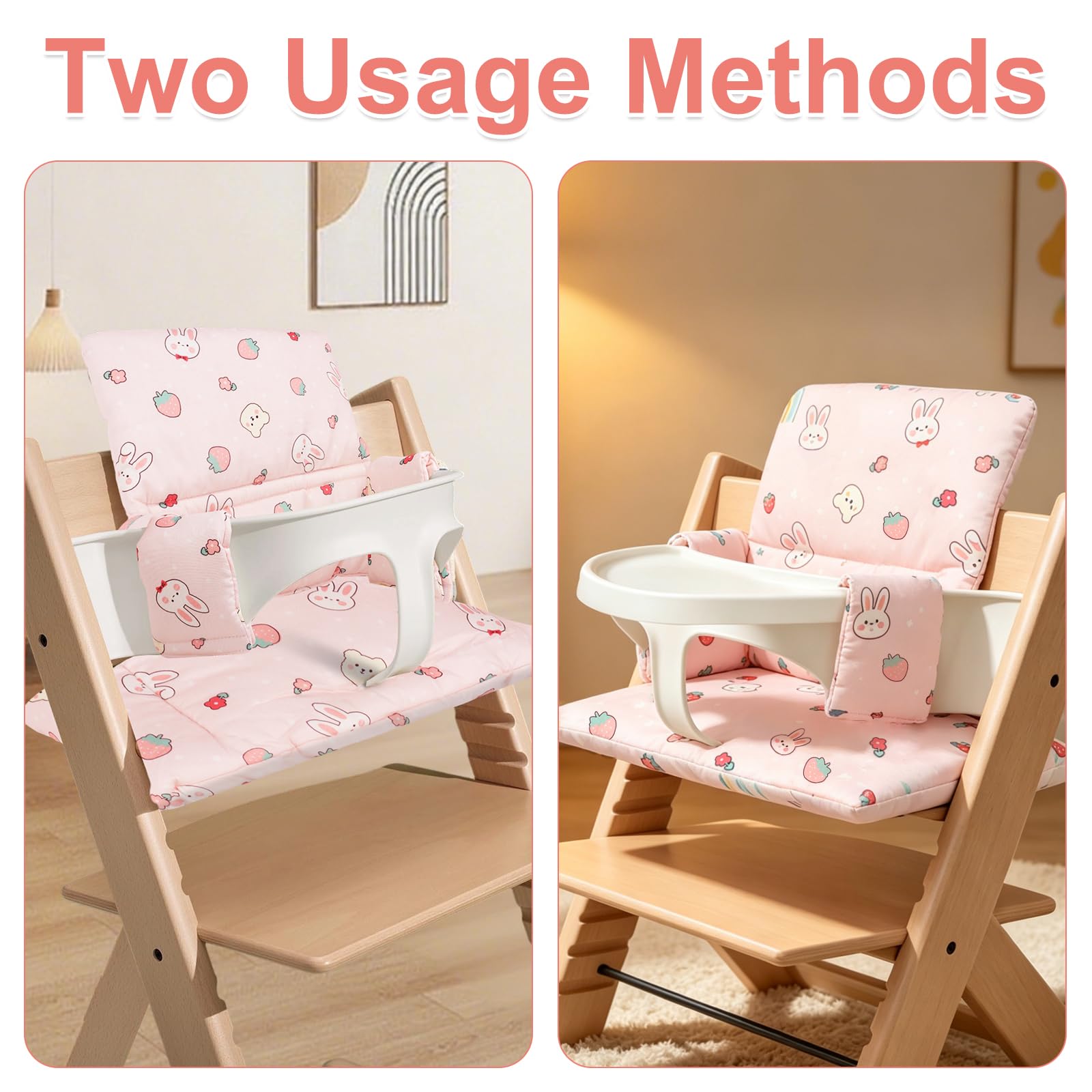 Cuscino per Seggiolone Stokke Tripp Trapp, Imbottitura Spessa in Cotone Naturale, Tessuto Impermeabile e Traspirante, Grazioso Motivo Lapino e Fragole, Confezionato Sottovuoto
