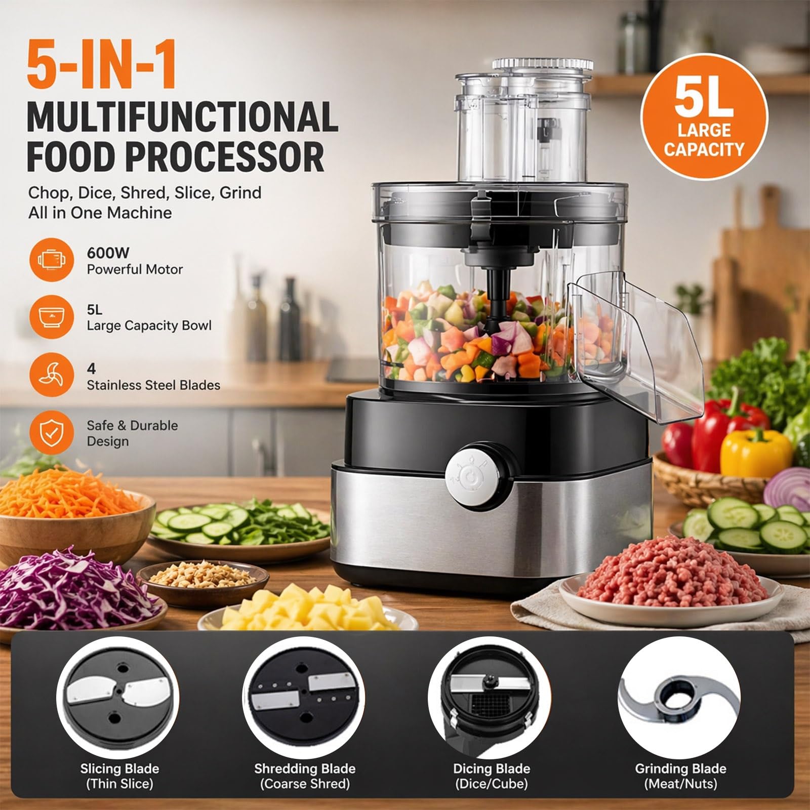 Cortaverduras Eléctrico Profesional 600W, Robot de Cocina Multifunción 5L, Picadora de Carne y Dados 5 en 1 con 5 Rejillas, Perfect para Hostelería y Restaurante