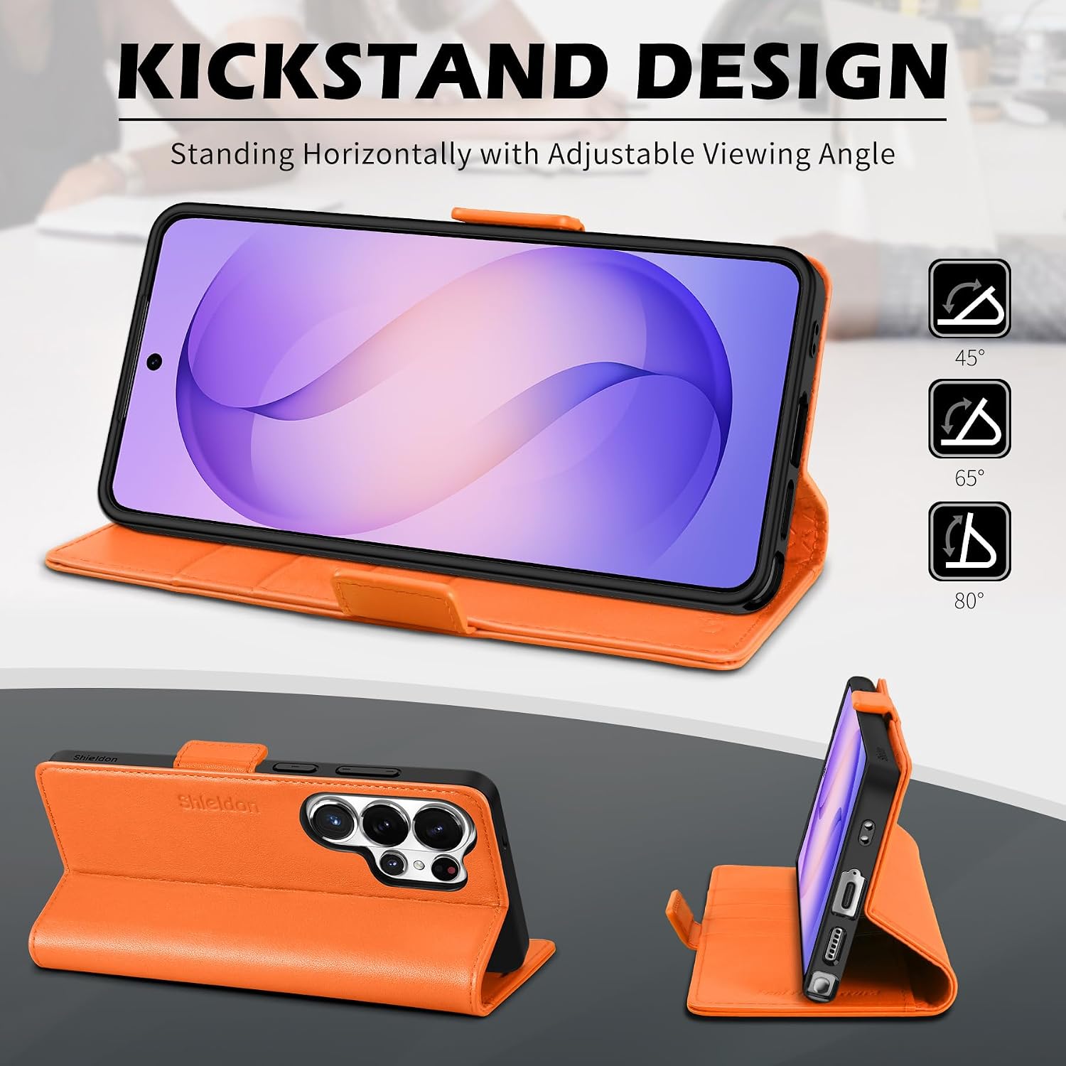 SHIELDON Case for Galaxy S26 Ultra, Genuine Leather Wallet Case with Kickstand RFID Blocking Card Holder, Magnetic Closure, Shock Absorbing Cover Compatible with Galaxy S26 Ultra 6.9" 2026 - Orange