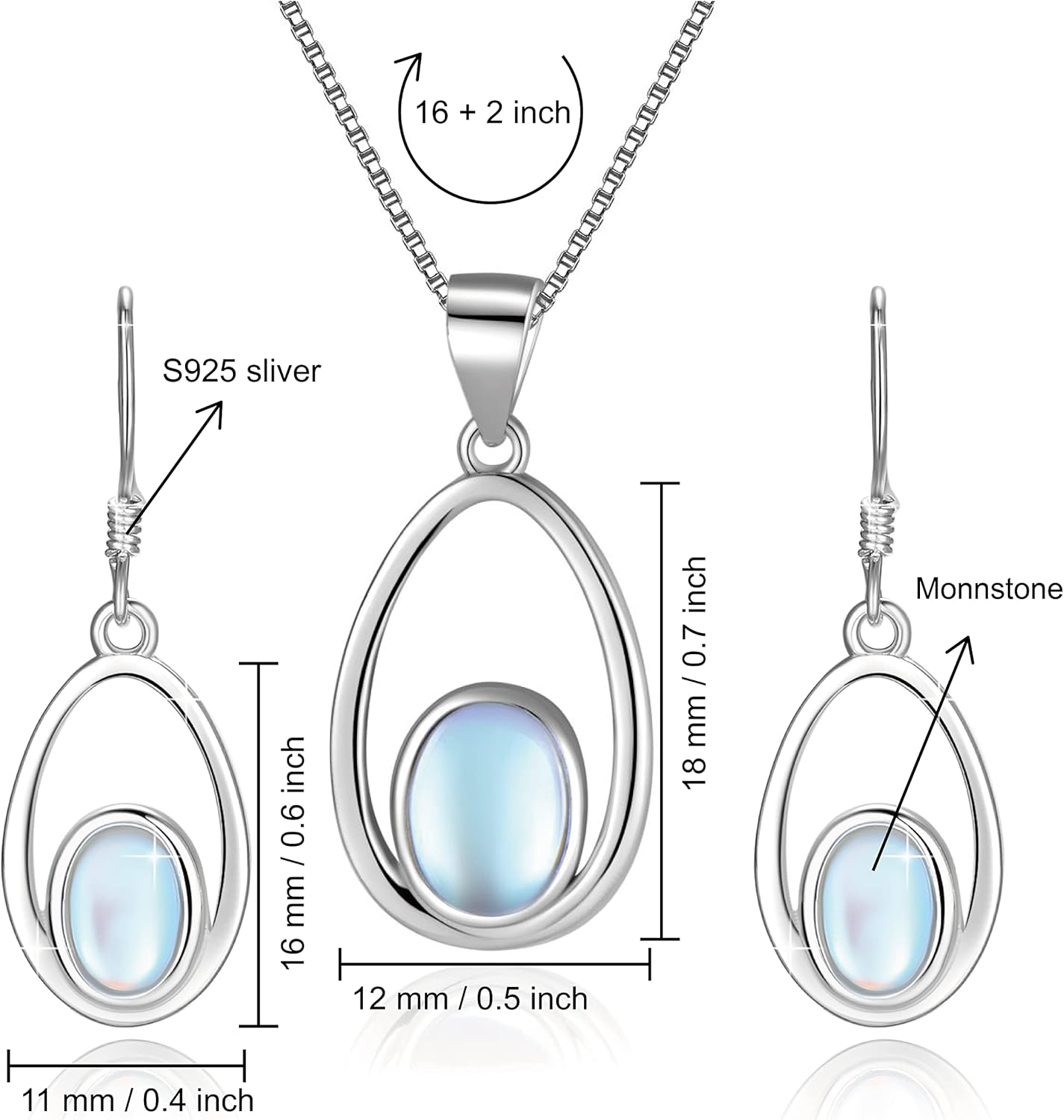 Opal Moonstone Jewelry Set 925 Sterling Silver Necklace and Earring for Women Opal Moonstone Jewelry Gifts for Sensitive Ears for Birthday Christmas - Image 5