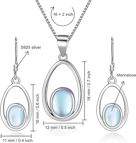 Miniatura 5 de Juego de joyas de piedra lunar de ópalo, collar y aretes de plata de ley 925 para mujer, piedra lunar de ópalo, regalos para orejas sensibles para