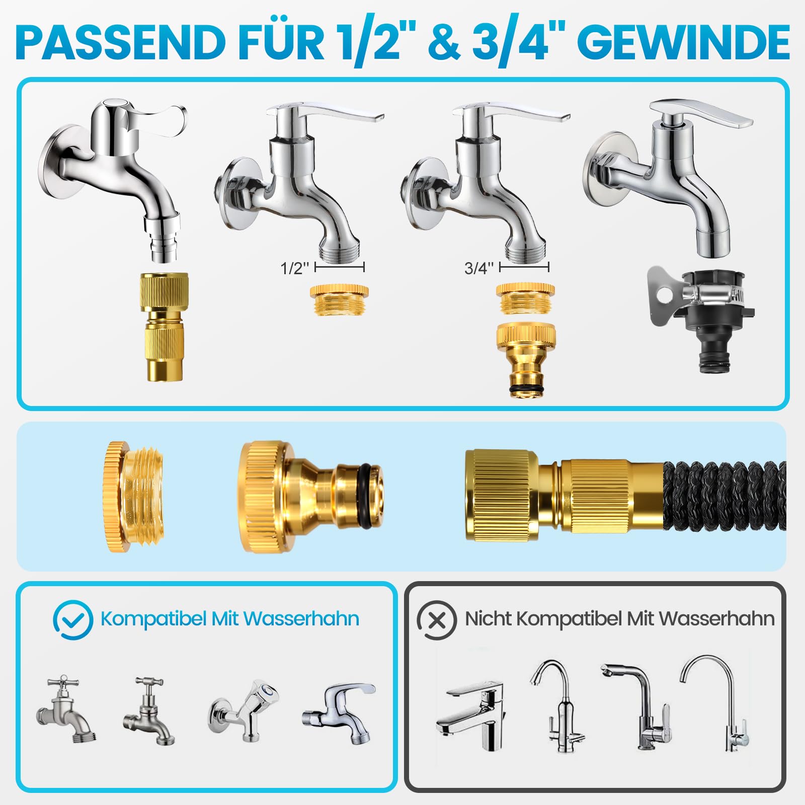 Tubo da giardino flessibile da 30 m, con ugello a 10 funzioni, tessuto 3300D, doppio connettore in metallo da 3/4" e 1/2", resistente alle pieghe, leggero, per giardino, lavaggio auto e cura degli