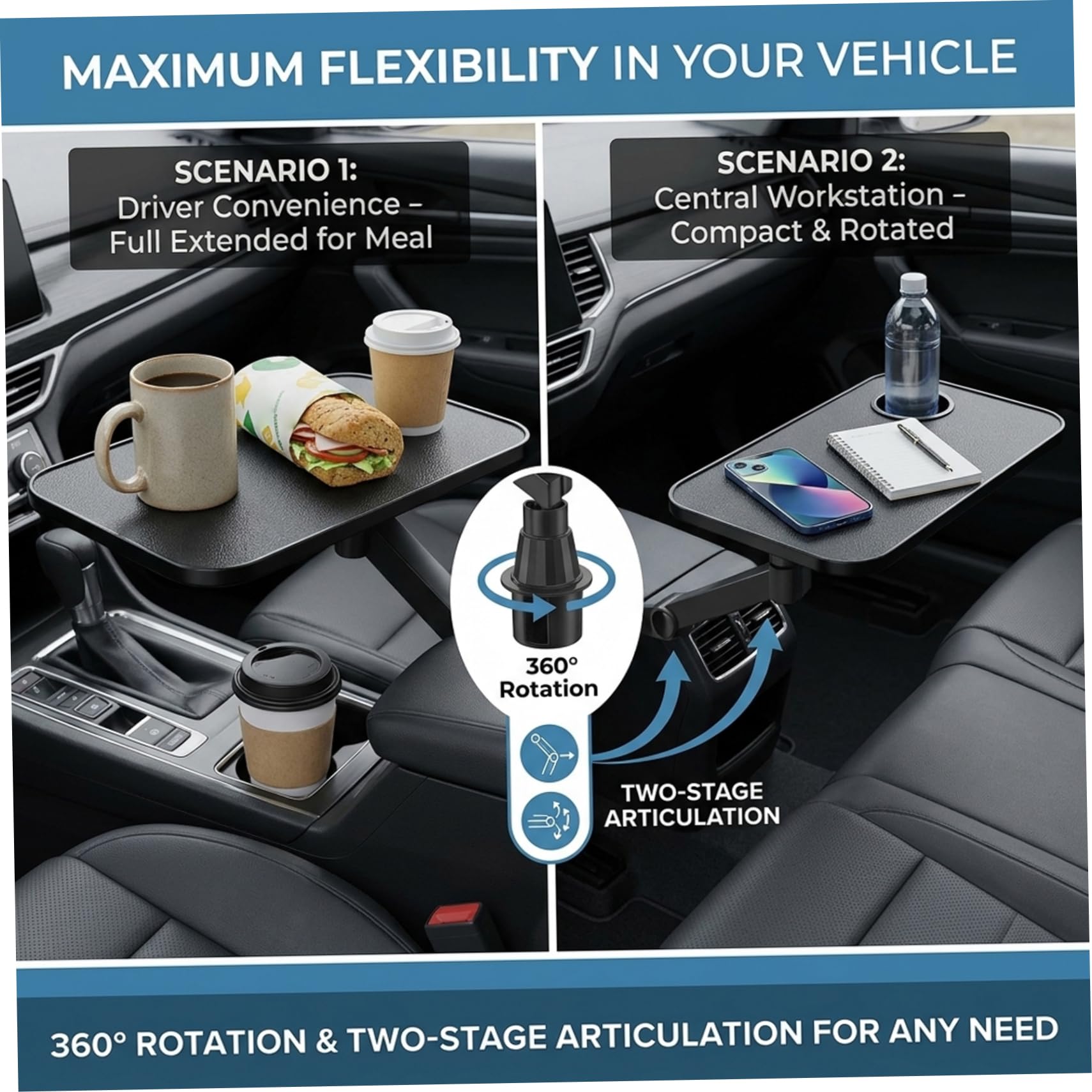 360° drehbare und verstellbare Auto-Tischablage mit Rutschfester Oberfläche – Auto-Schreibtisch für Laptop, passend für die meisten Fahrzeug-Getränkehalter (schwarz)