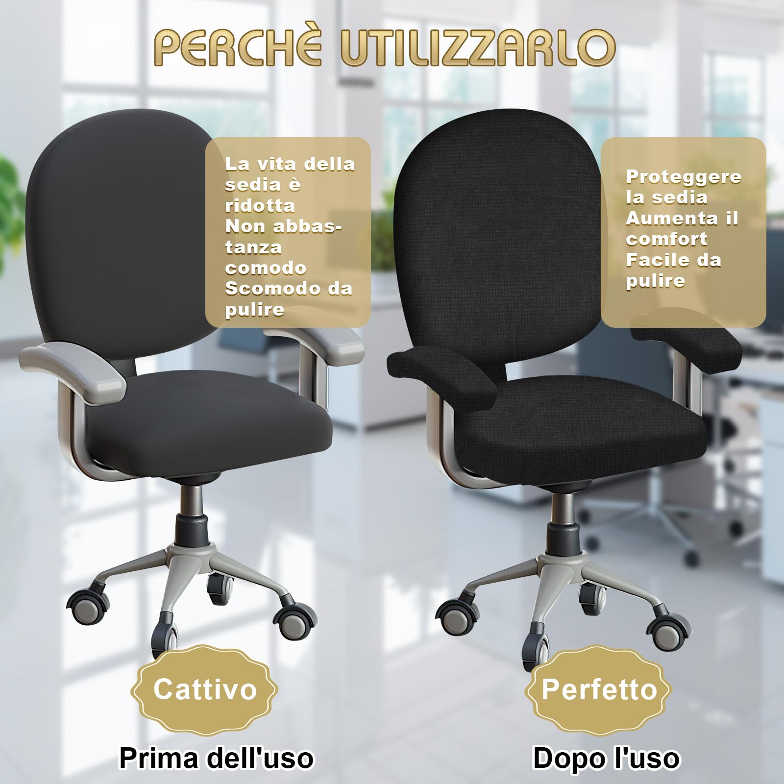 ZYNERY Nero Copri Sedia da Ufficio, con 2 Copribraccia per Sedia Ufficio, Elasticità Coprisedia da Ufficio Computer Rimovibile Copri Poltrona Lavabili per Sedia da Gioco Copertura Sedia Rotante