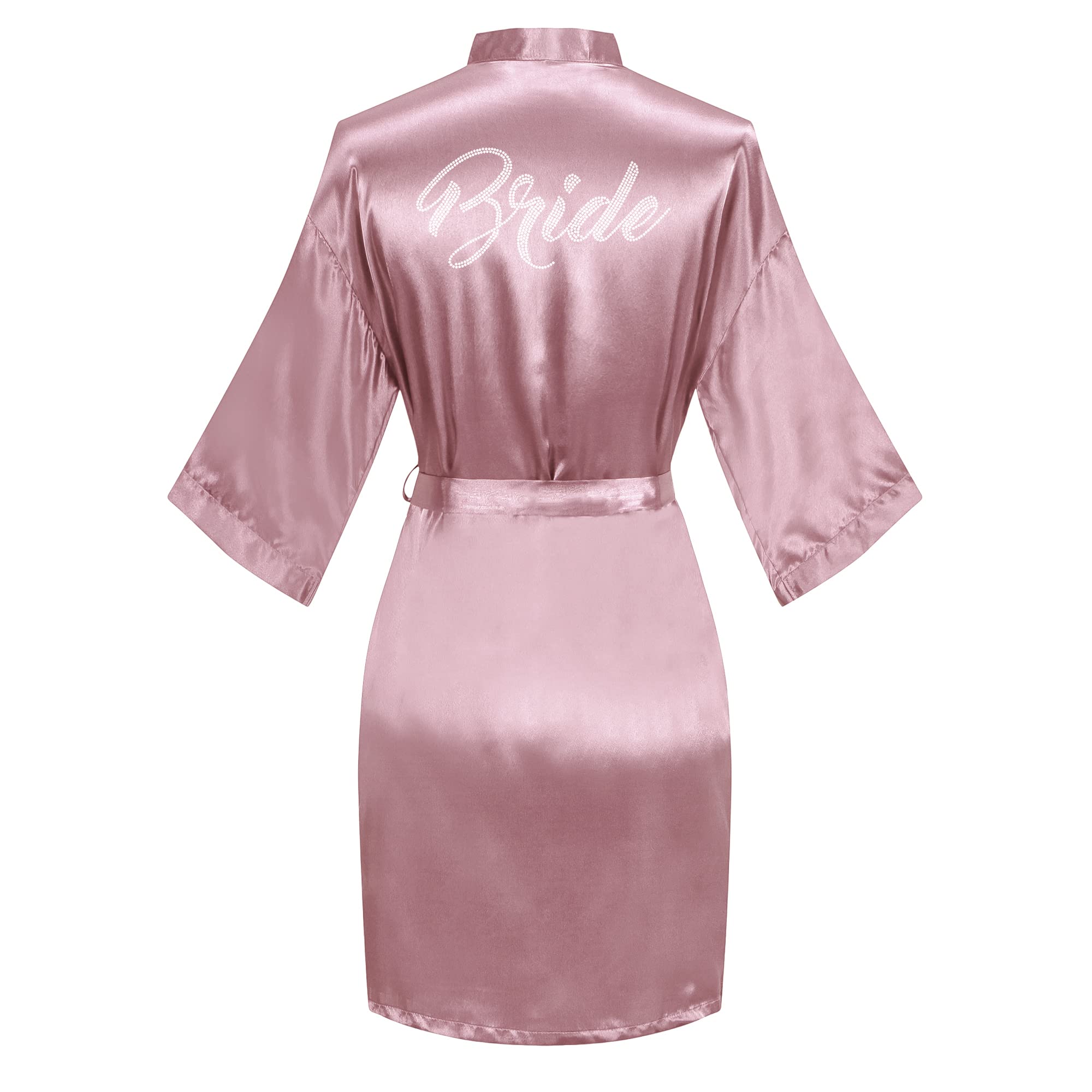 Women's Satin Robe Short Kimono for Bride &amp; Bridesmaid with Silver Rhinestones, Wedding Party Robes