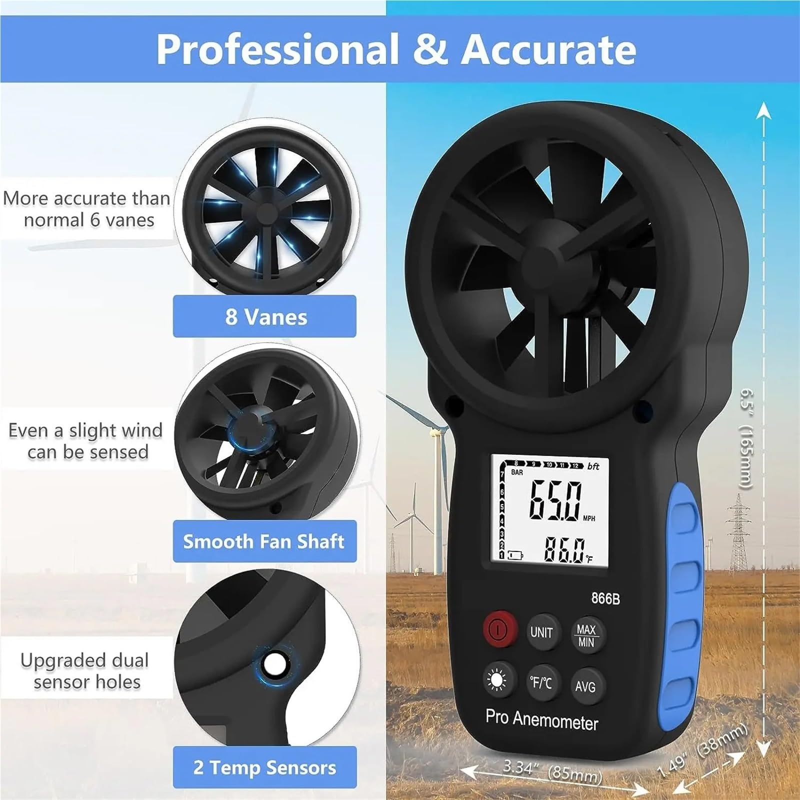 Anemómetro digital, Anemómetro Digital 866B, medidor de temperatura, Mini velocidad del viento, Sensor medición aire, 0-30m/s